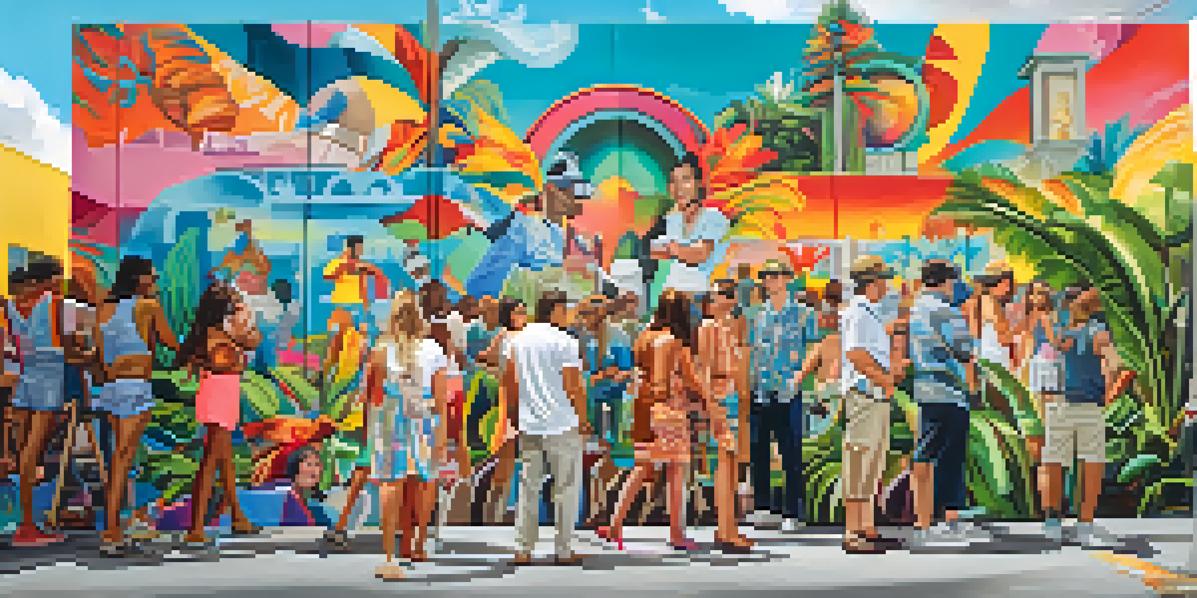 A lively street scene in Miami with people admiring colorful murals at Wynwood Walls, surrounded by tropical plants under a sunny sky.