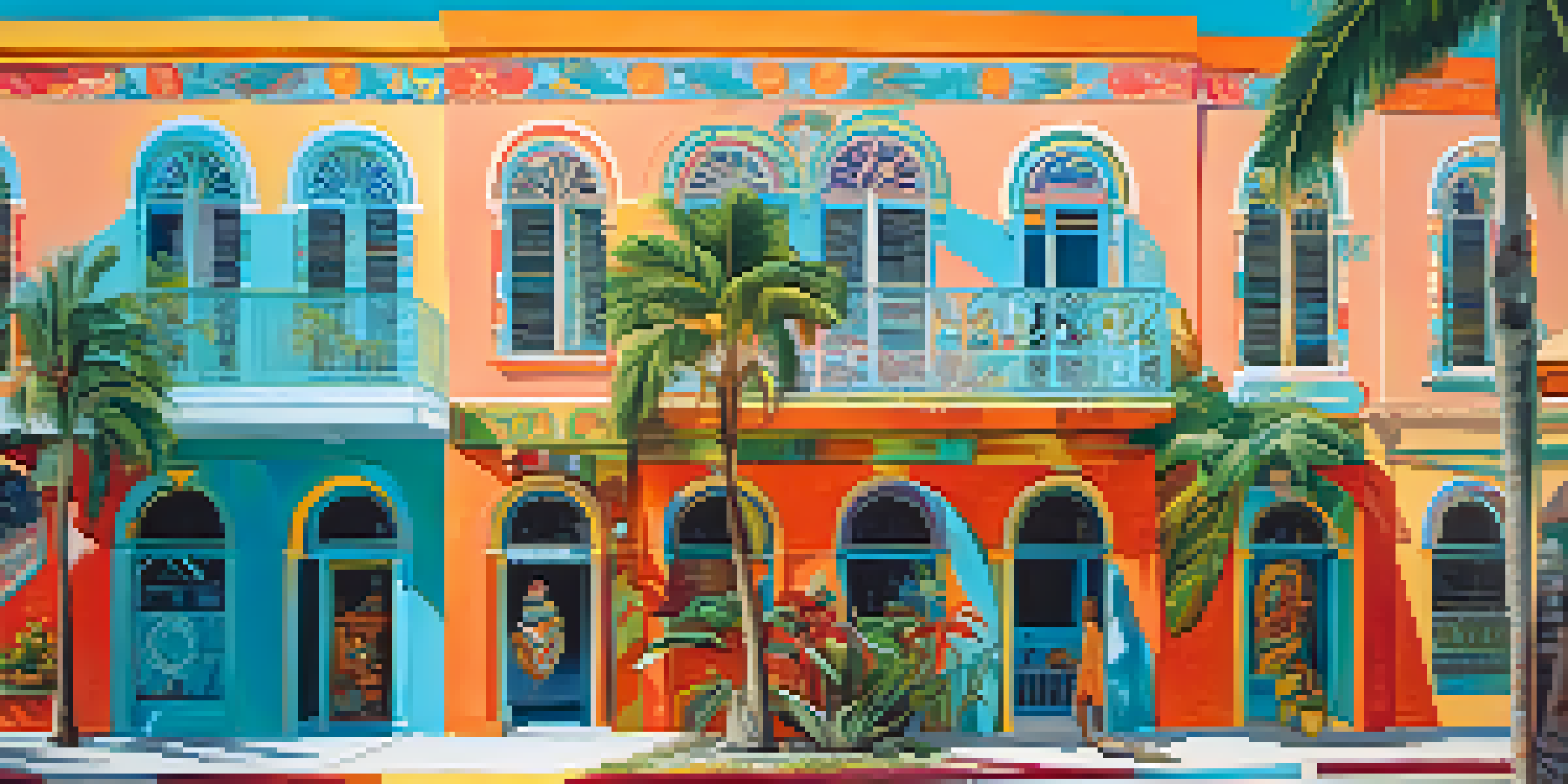 A colorful mural on a Miami street, showcasing Florida's cultural diversity with indigenous designs and tropical elements.