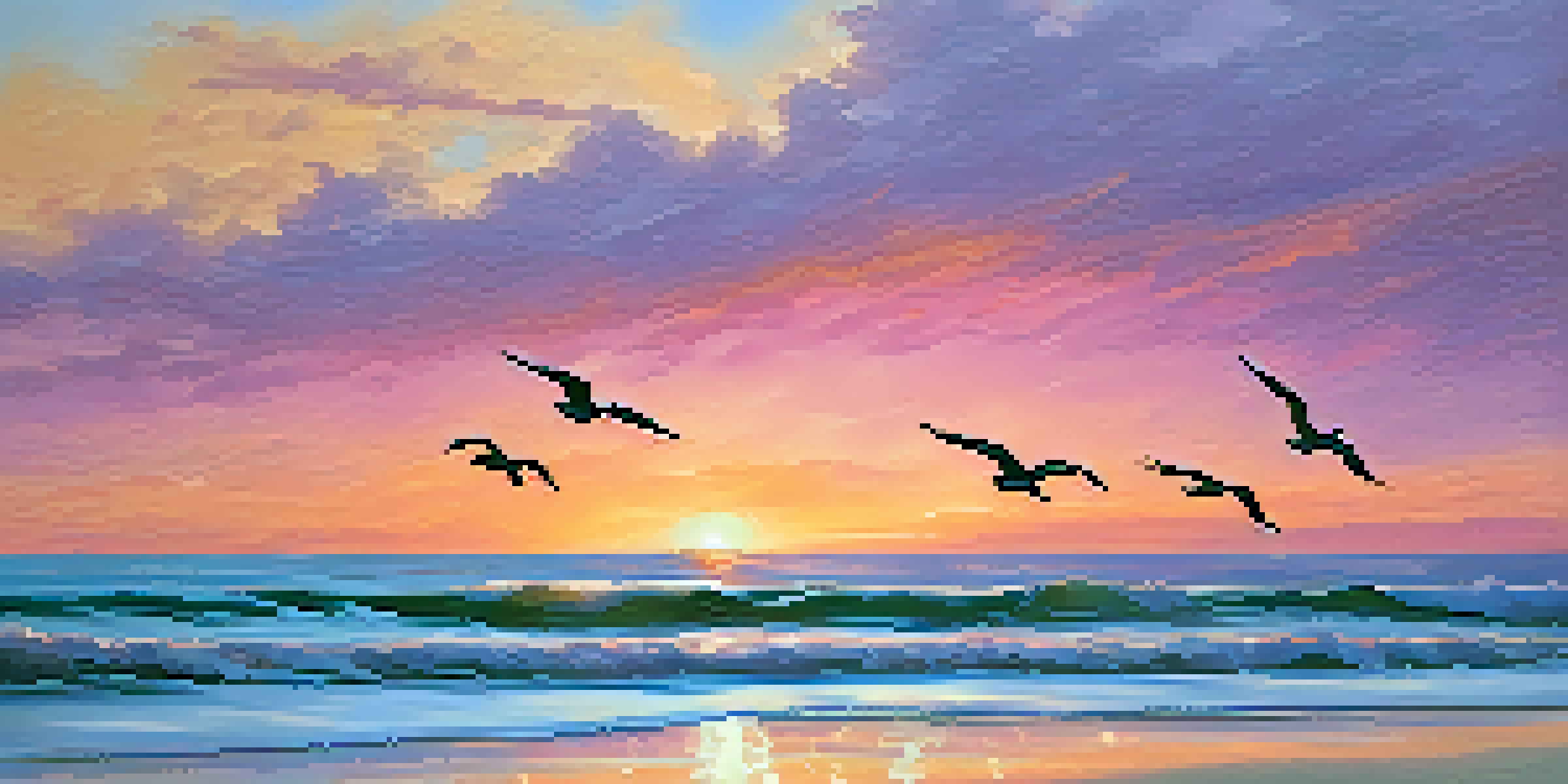 A beautiful sunset over Florida's beach with silhouetted palm trees and colorful skies.