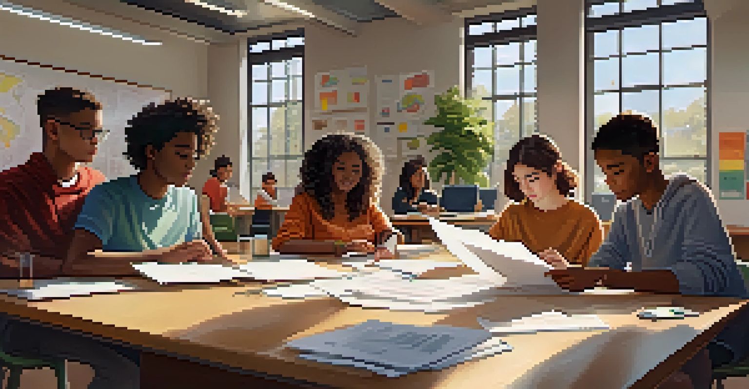 A diverse group of students working together in a classroom, collaborating on a project with papers and laptops.