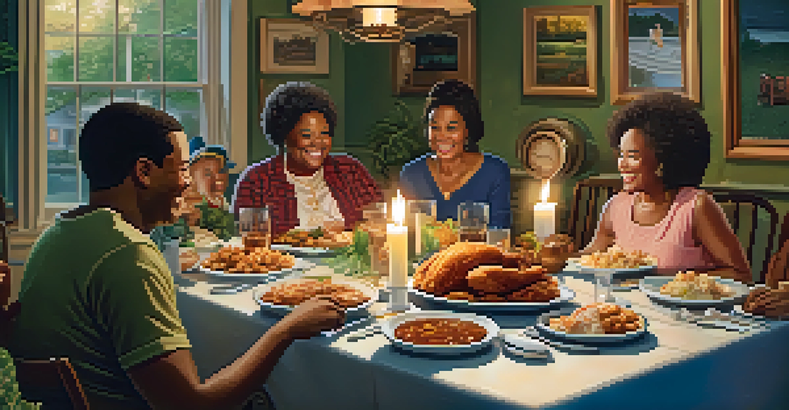 A family gathering around a dinner table filled with Southern comfort food, creating a warm and inviting atmosphere.