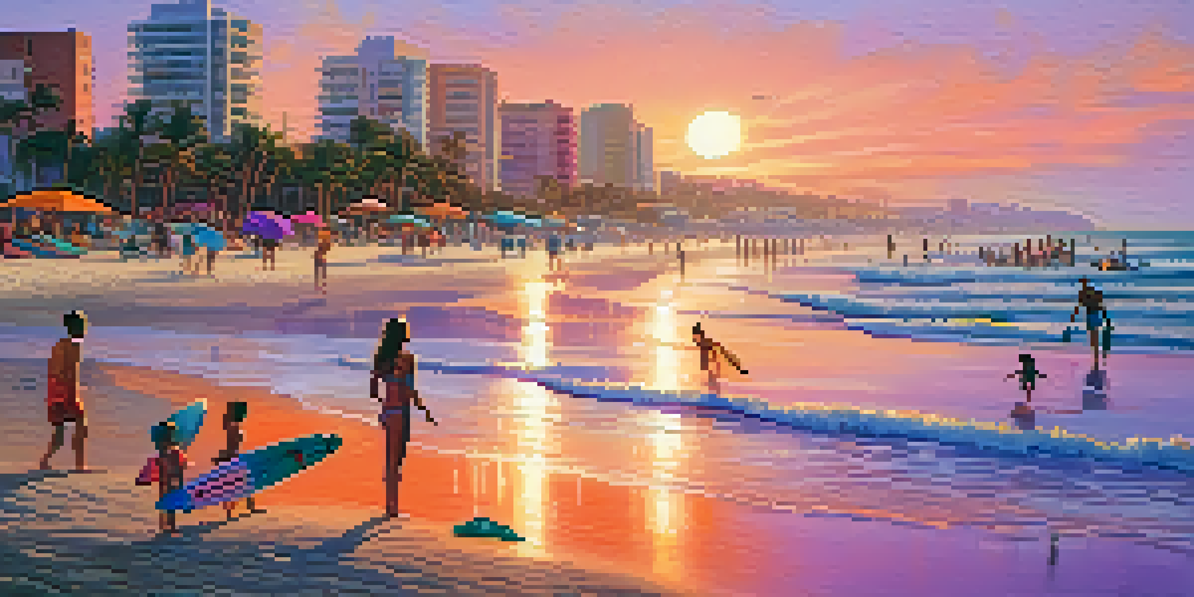 A lively beach scene in Florida during sunset, with families, colorful umbrellas, surfers, and palm trees against a colorful sky.