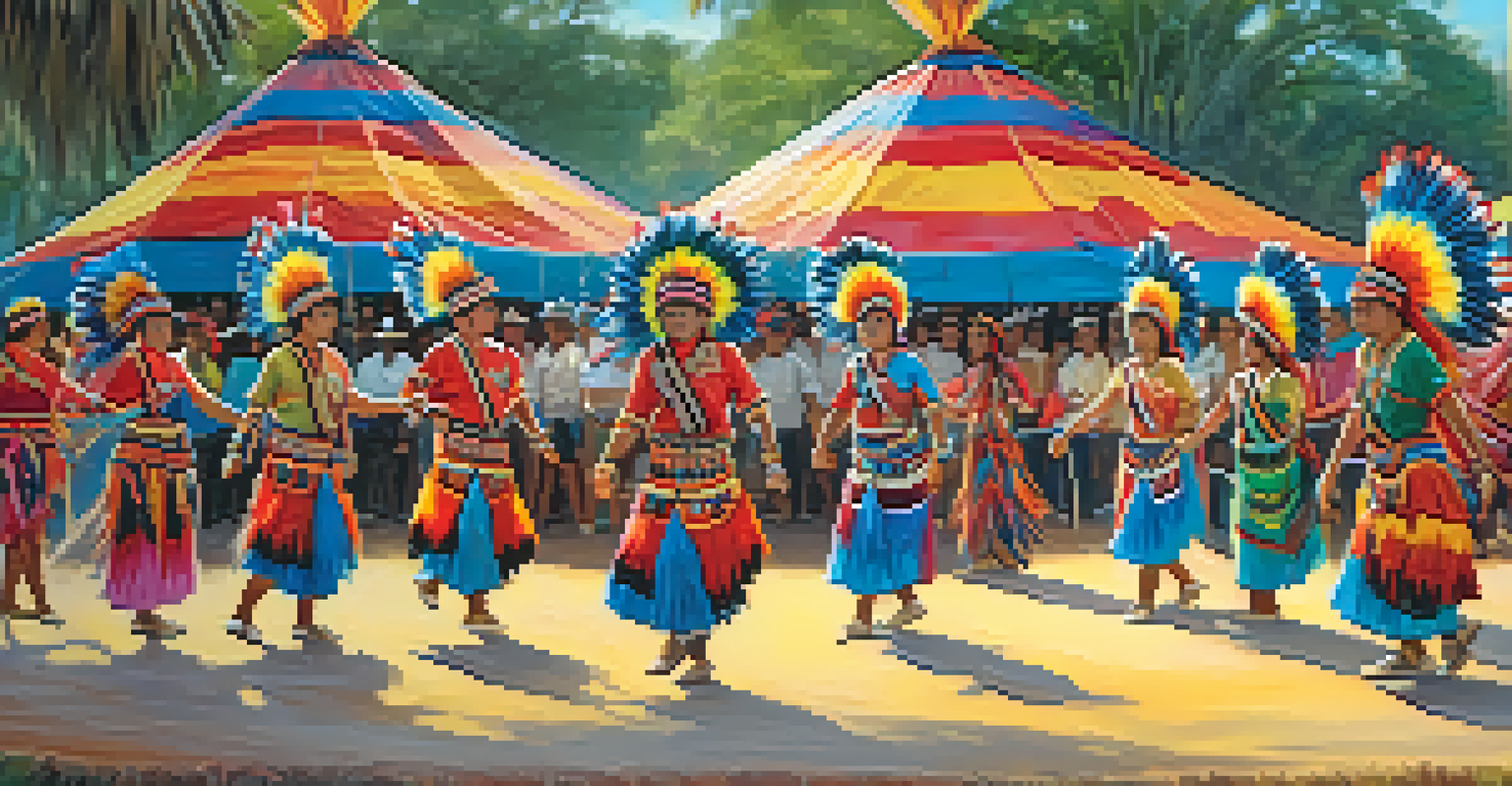Seminole dancers in traditional attire performing at a cultural festival, surrounded by colorful tents and spectators.