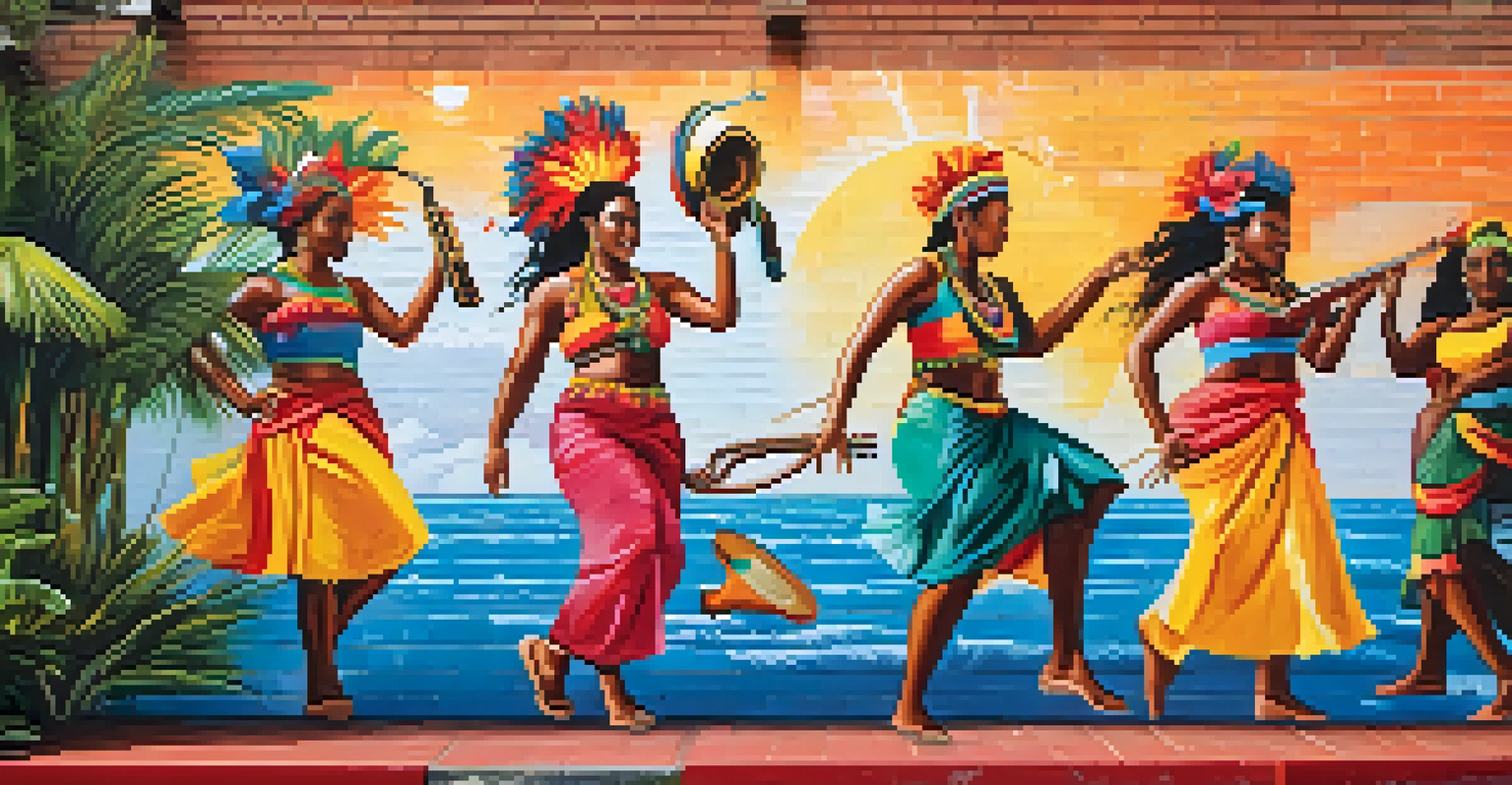A colorful mural showcasing Caribbean culture, with dancers and instruments, painted on a brick wall.