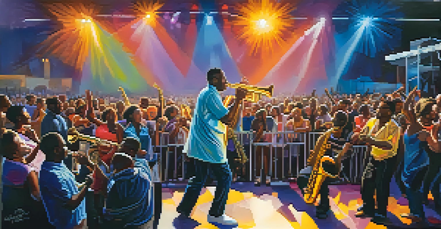 A jazz musician performing on stage with colorful lights, surrounded by an enthusiastic crowd dancing at a festival.