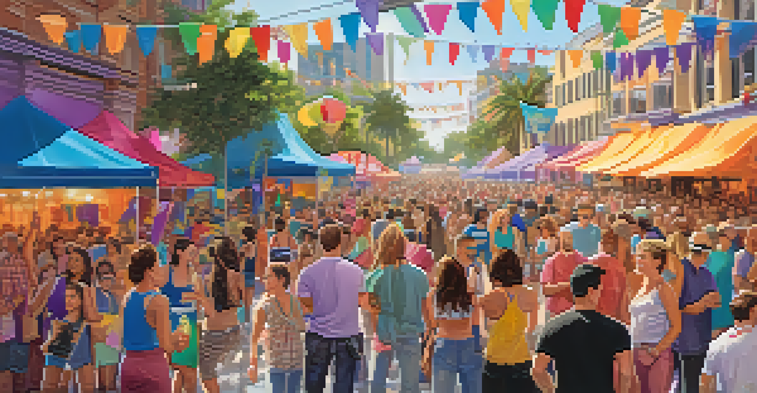 A street festival at Orlando Pride featuring food stalls, performances, and a diverse crowd celebrating together.