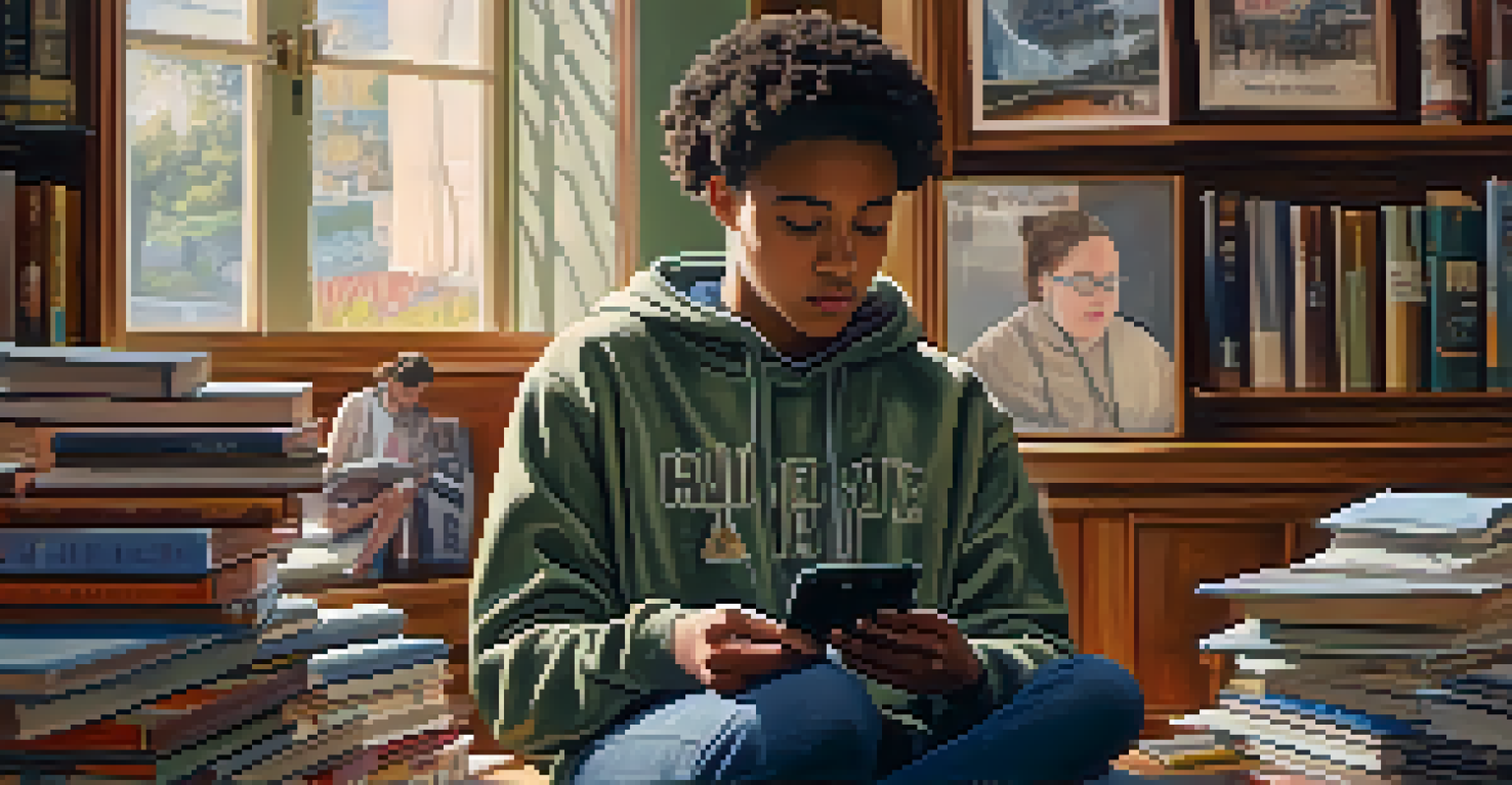 A young person sitting in a cozy room, using a smartphone to engage on social media about political issues, surrounded by books and social justice posters.