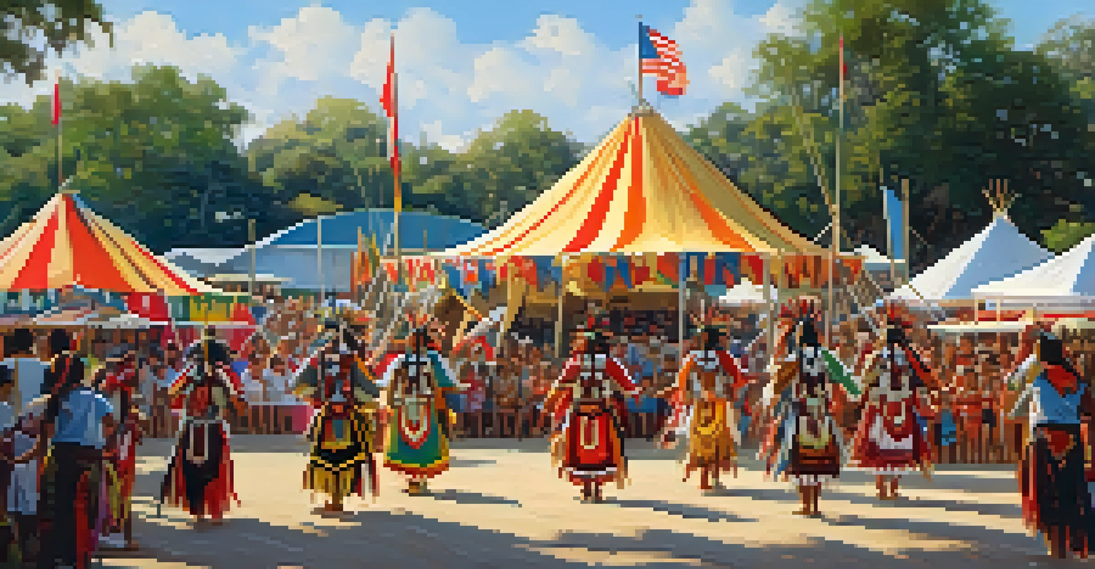 Native American dancers in traditional regalia performing at the Seminole Tribal Fair, with colorful tents and a bright sunny day.
