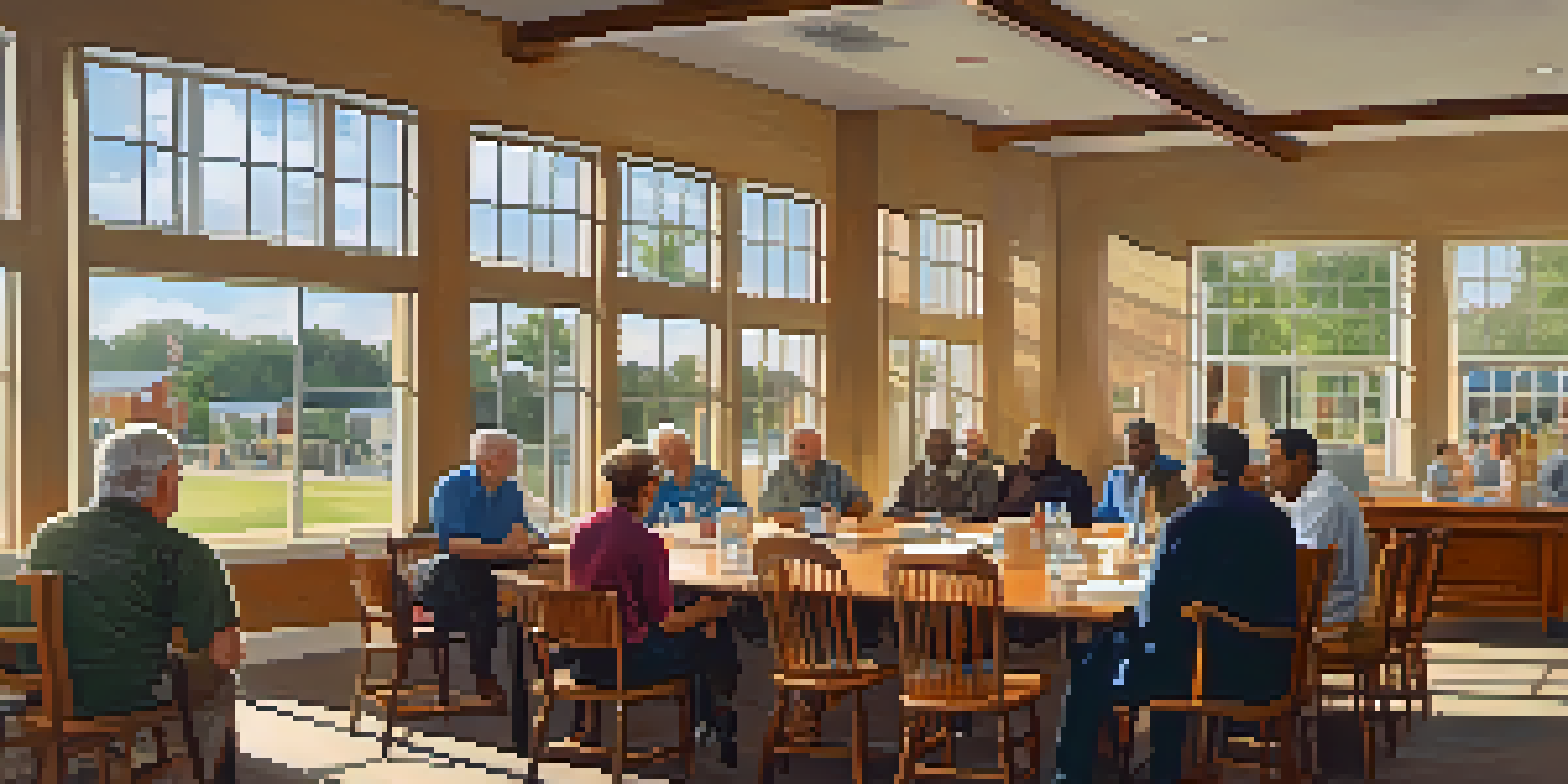 A town hall meeting in a bright room with diverse residents participating in discussion, featuring wooden tables and local artwork.