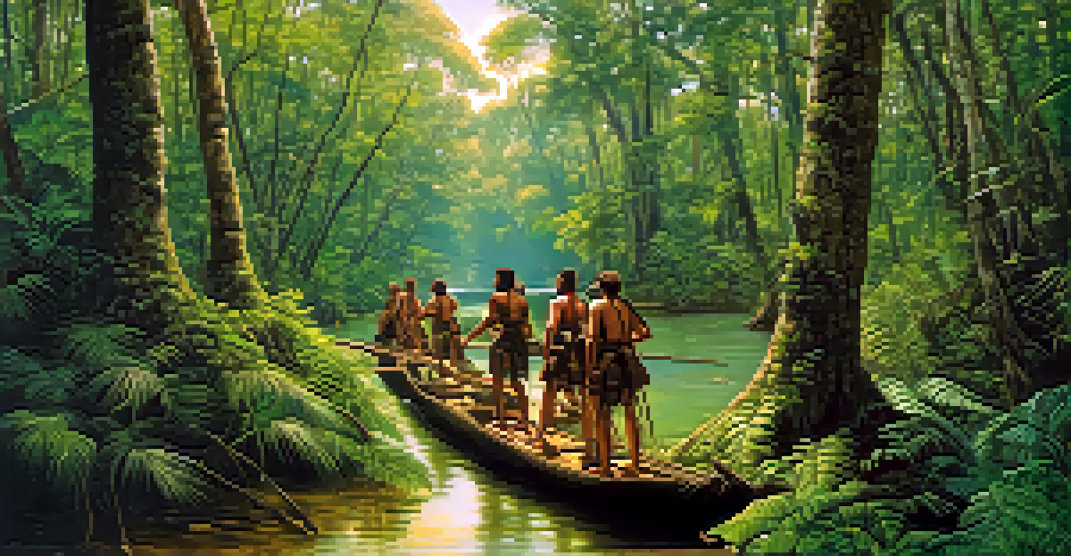 Hernando de Soto's expedition in Florida, featuring explorers in armor navigating through a dense forest with Indigenous tribes observing.