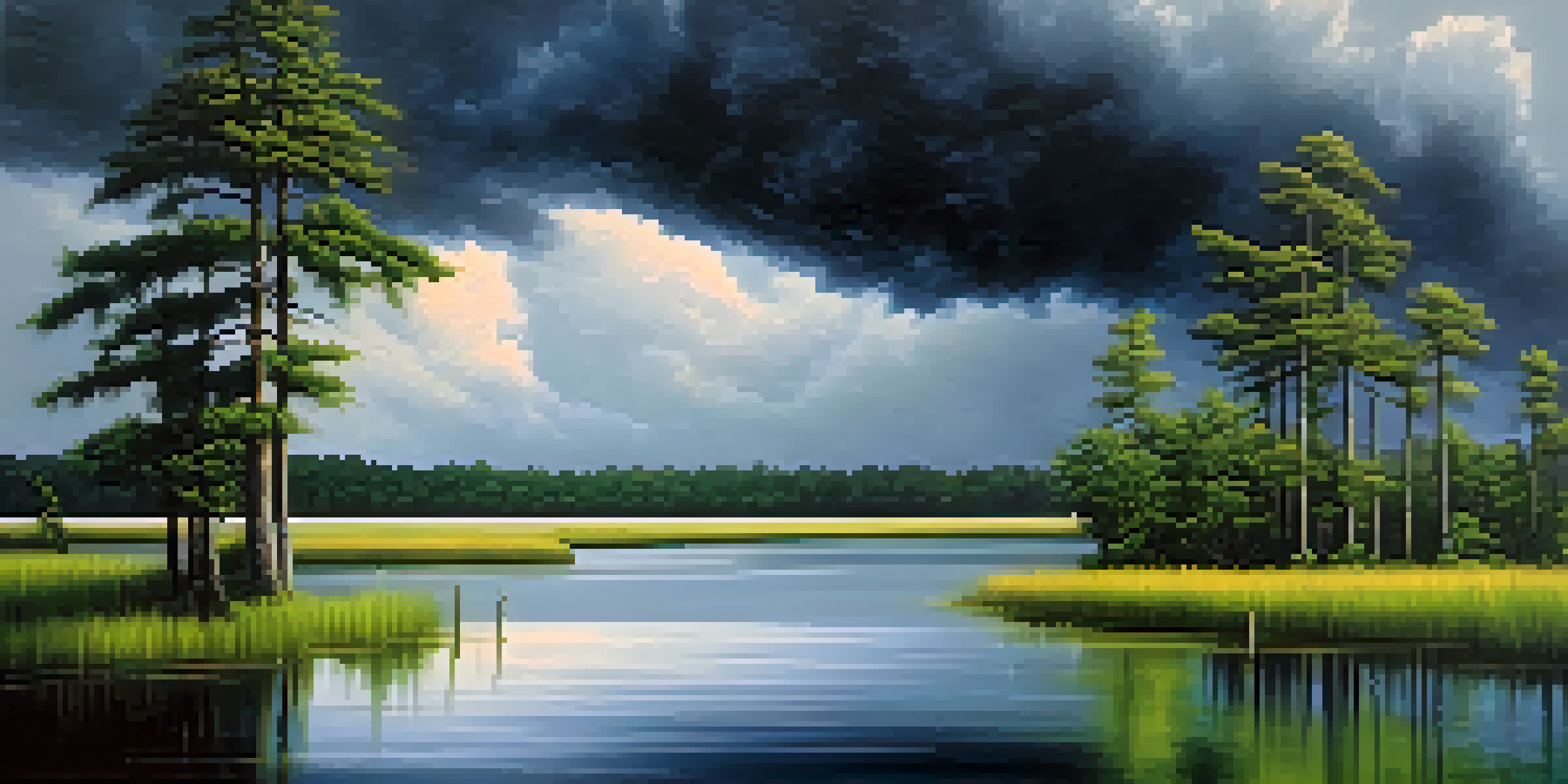 A tranquil Florida landscape featuring cypress trees in water under dark storm clouds, with soft lighting creating a contrast between greens and grays.