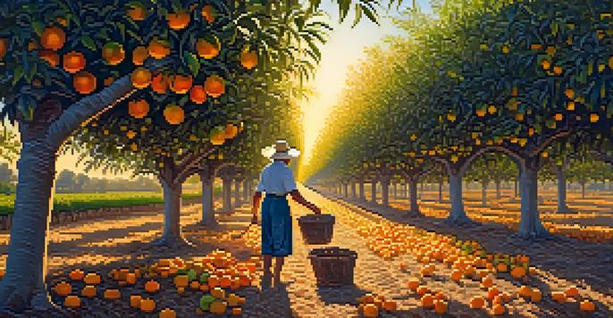 A farmer in a straw hat picking oranges in a citrus grove at sunrise, with golden light filtering through the trees.