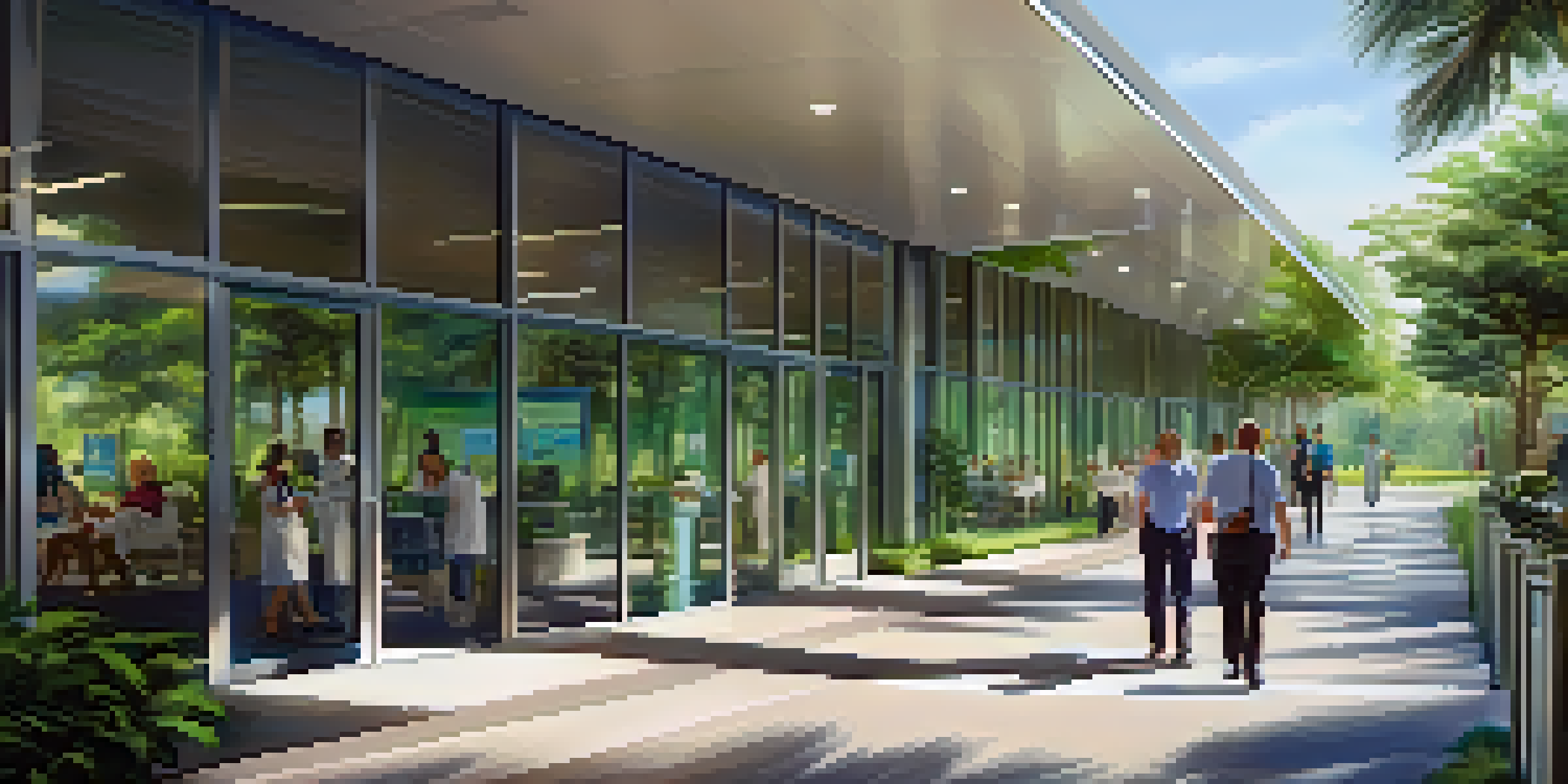 A contemporary glass-fronted hospital in Florida, surrounded by greenery, with healthcare professionals and patients visible.