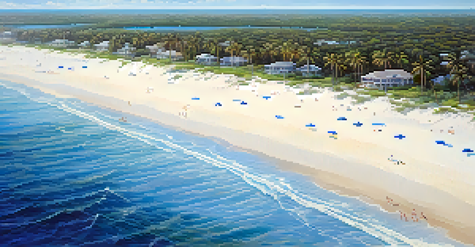 An aerial shot of Florida's coastline, featuring white sandy beaches and surfers in the ocean under bright sunlight.