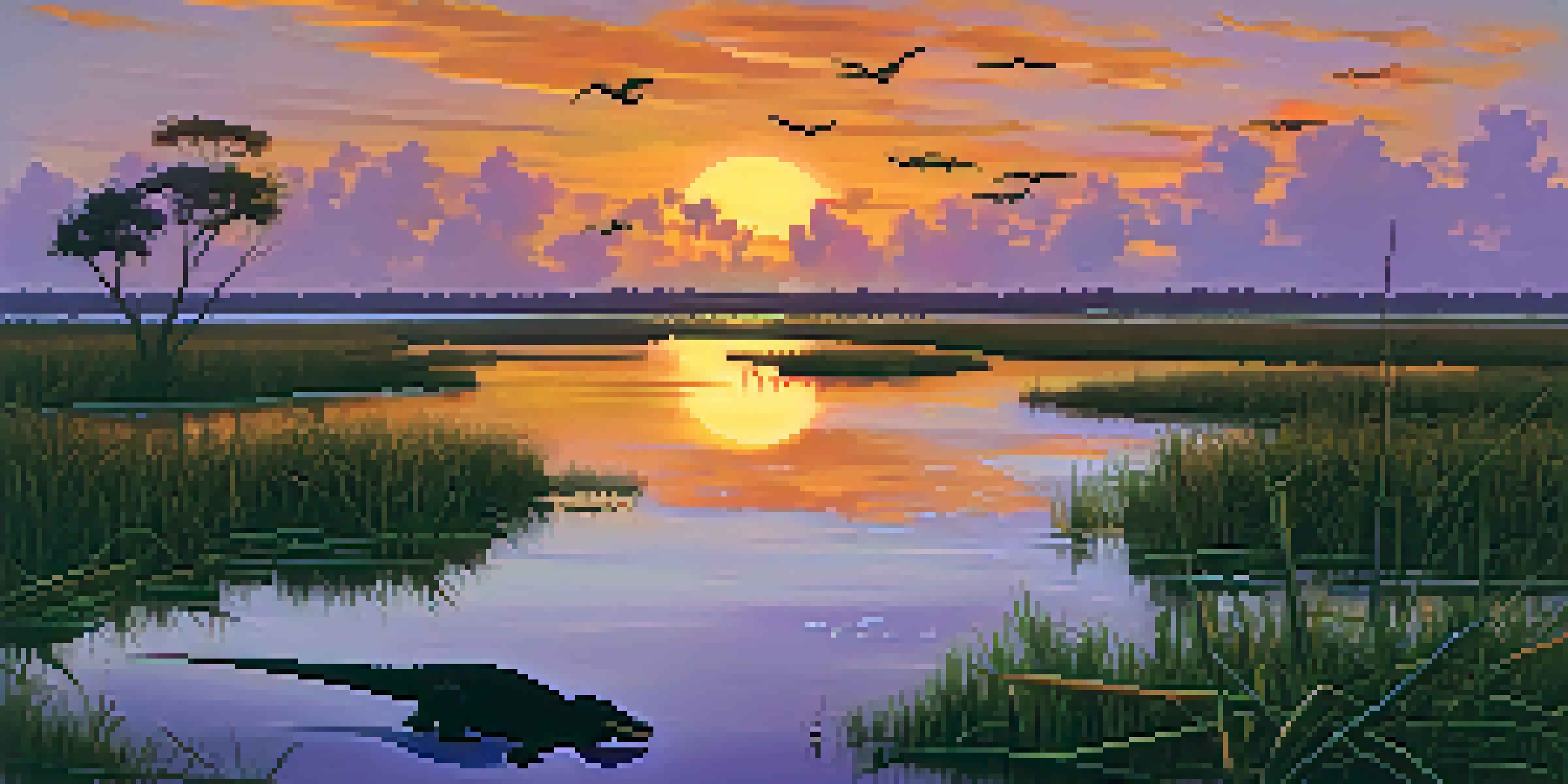 A sunset view of Everglades National Park with an alligator in the water and birds flying in the sky.