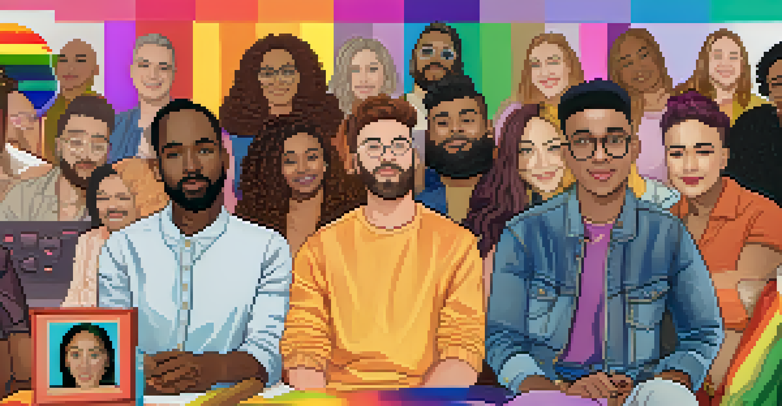 A computer screen displaying a virtual Pride event with diverse individuals in video calls discussing LGBTQ+ rights.
