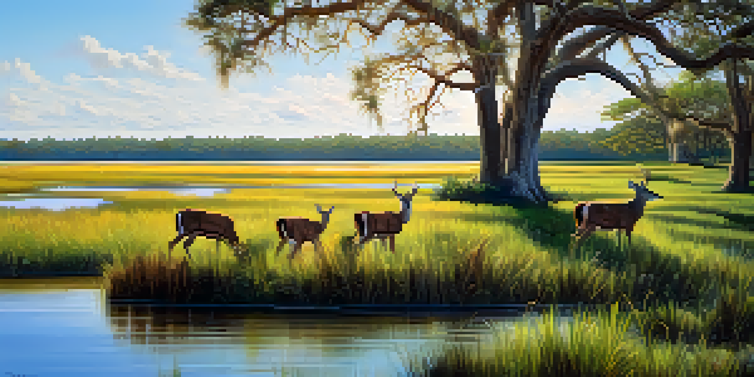 A tranquil landscape of Myakka River State Park featuring prairies, blooming wildflowers, and grazing deer under an oak canopy.