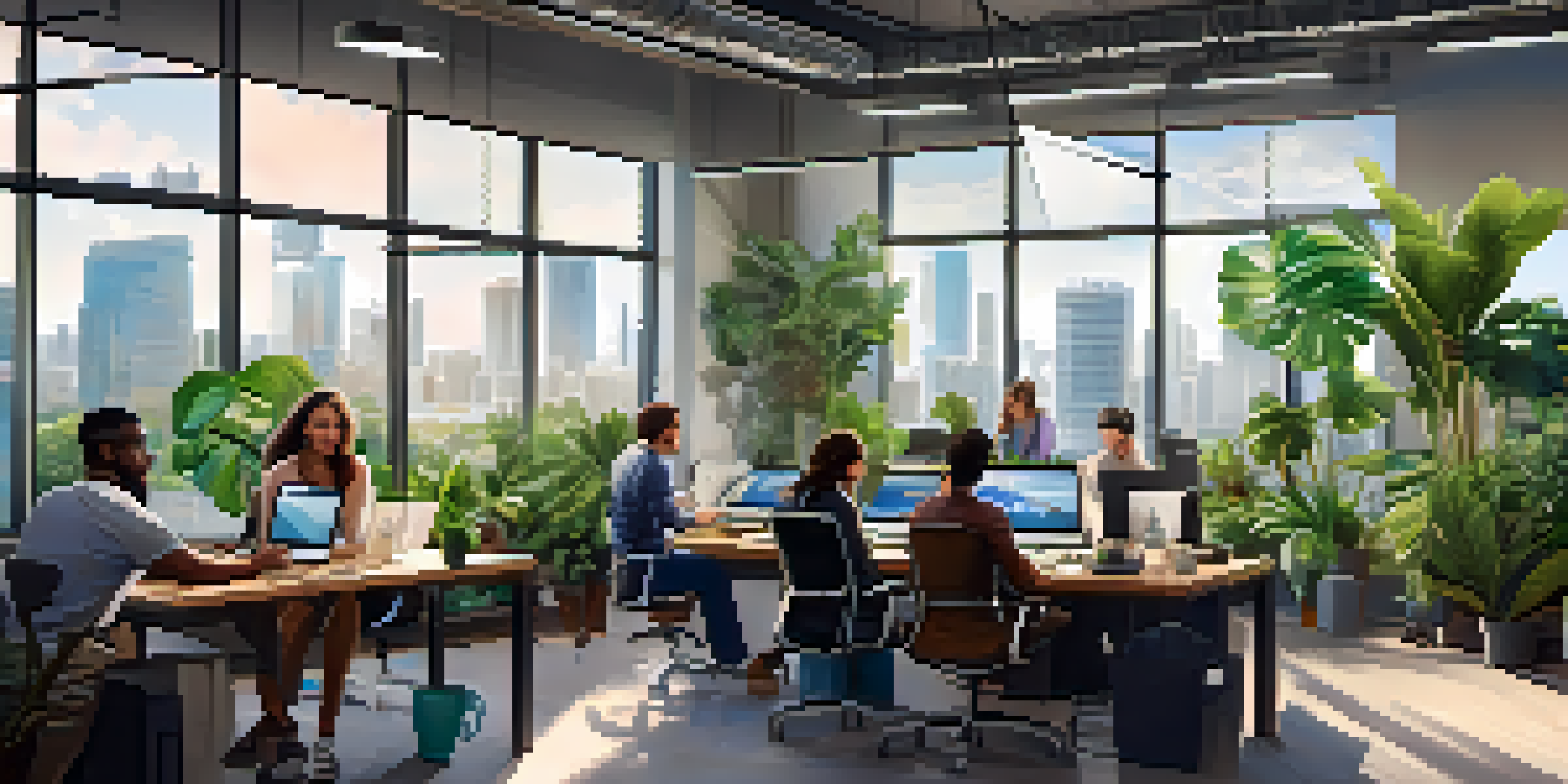 A busy tech startup office in Miami with diverse professionals working together at a table, surrounded by plants and a view of the city skyline.