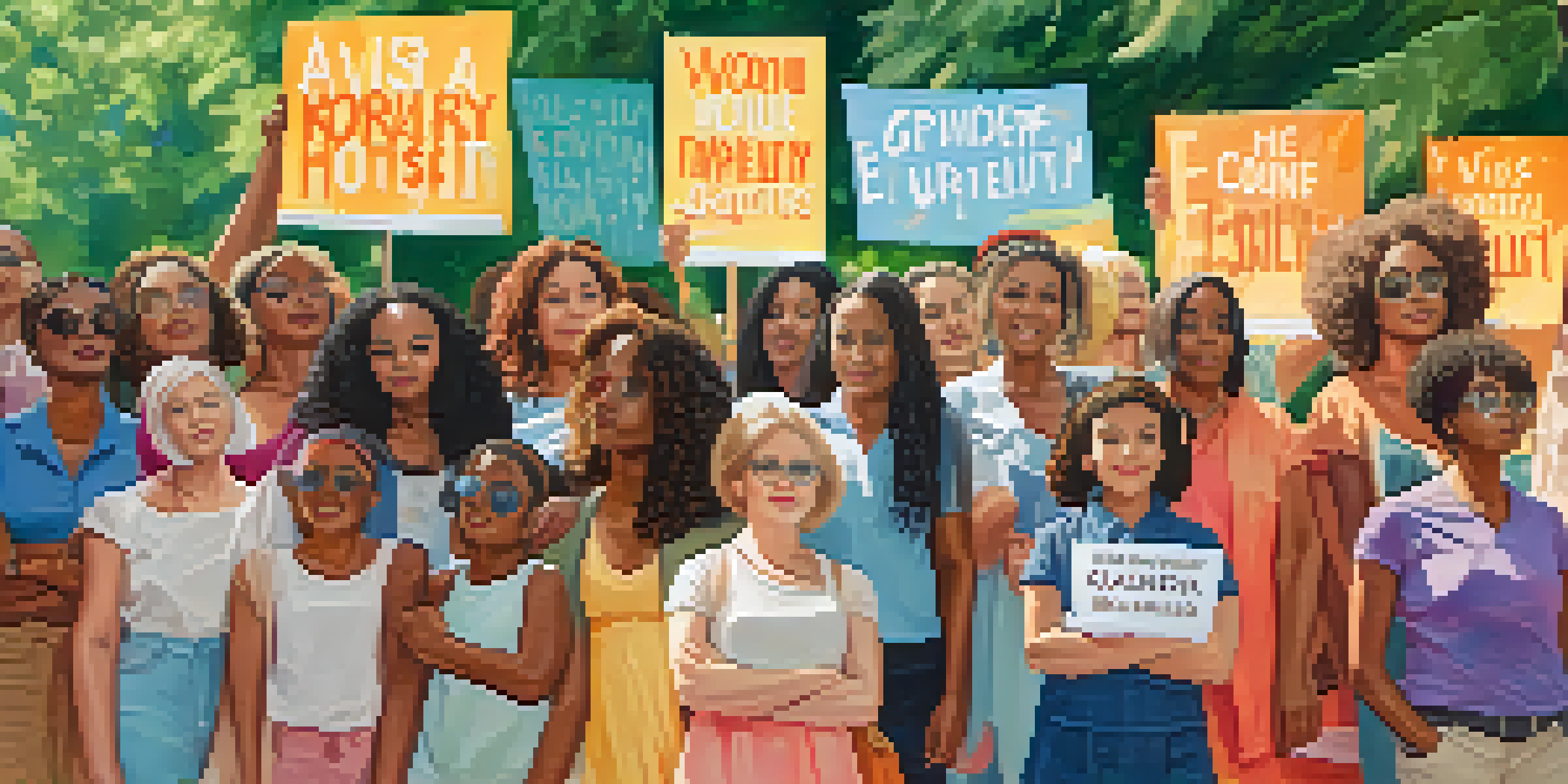 A diverse group of women in a park holding signs for gender equality, with a sunny atmosphere and greenery.