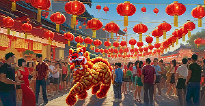A lively street scene depicting the Chinese New Year celebration with lion dancers, colorful lanterns, and crowds enjoying the festivities.
