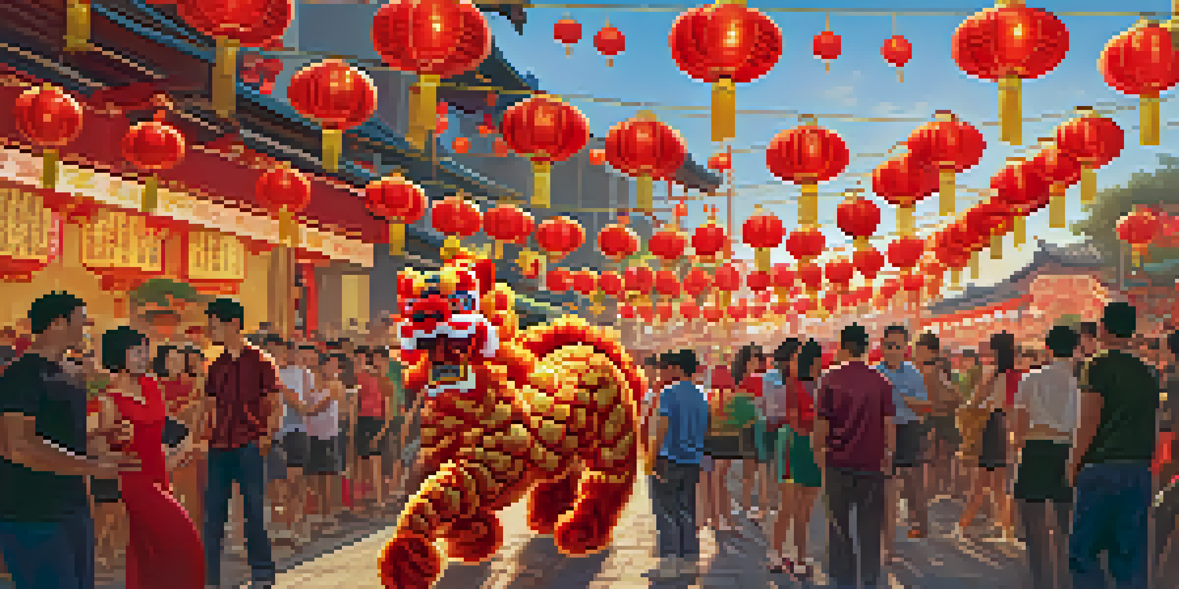 A lively street scene depicting the Chinese New Year celebration with lion dancers, colorful lanterns, and crowds enjoying the festivities.