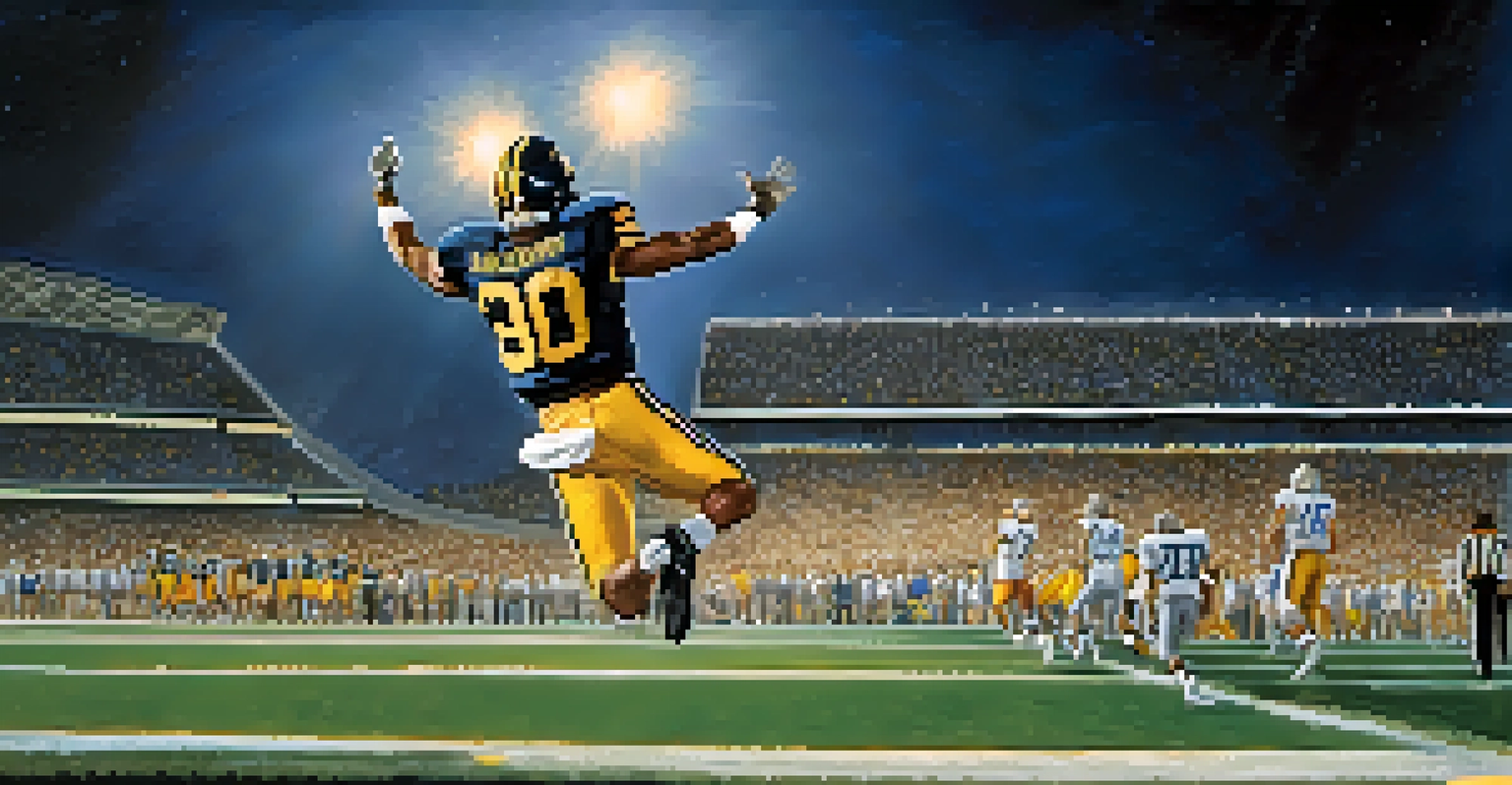 A college football player celebrating a touchdown in a vibrant stadium, capturing the excitement of the moment.