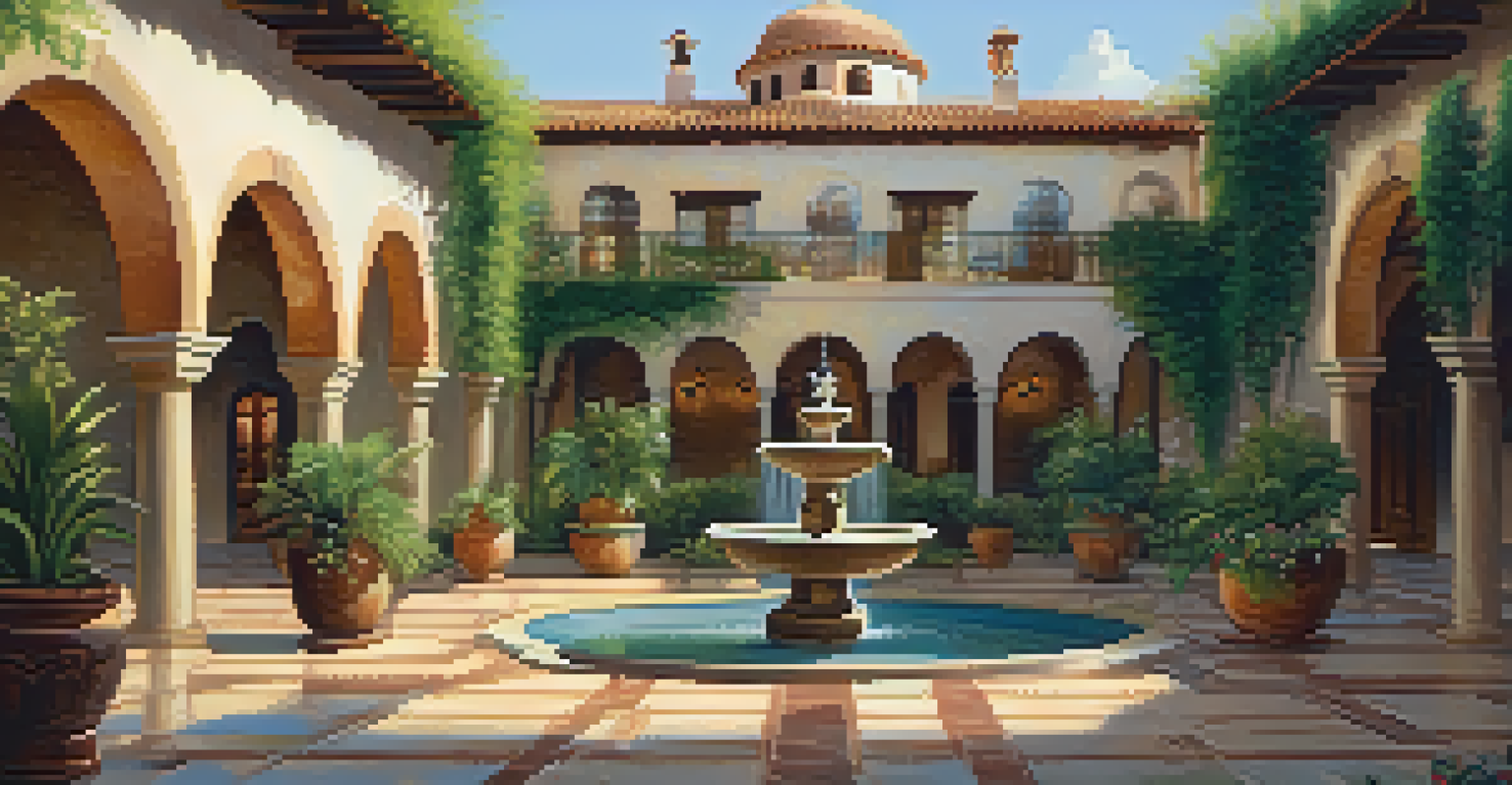 A scenic courtyard with arched doorways, intricate tiles, and a central fountain, surrounded by greenery in warm, golden light.