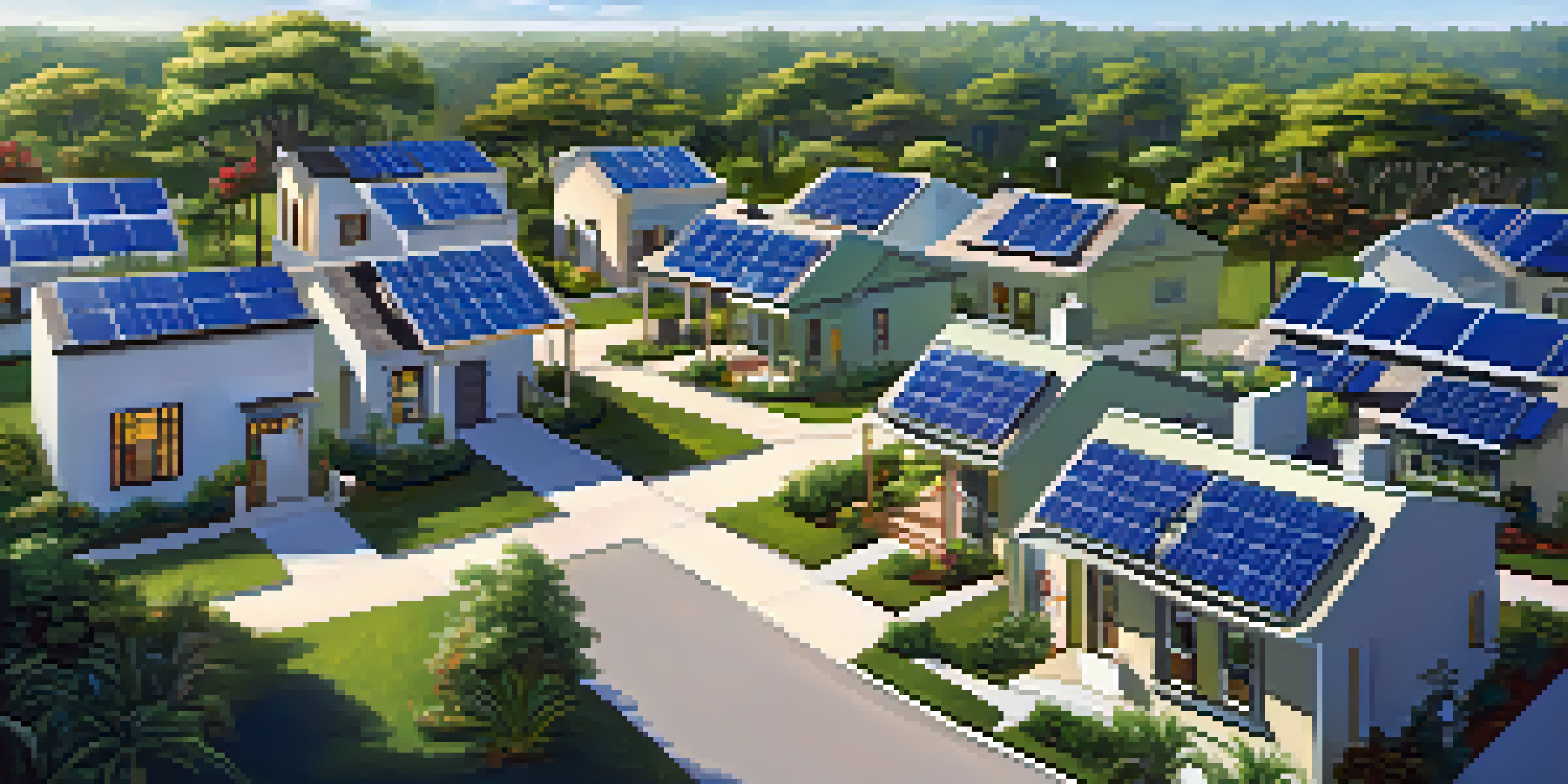 A sunny residential area in Florida showcasing houses with solar panels, children playing, and greenery.
