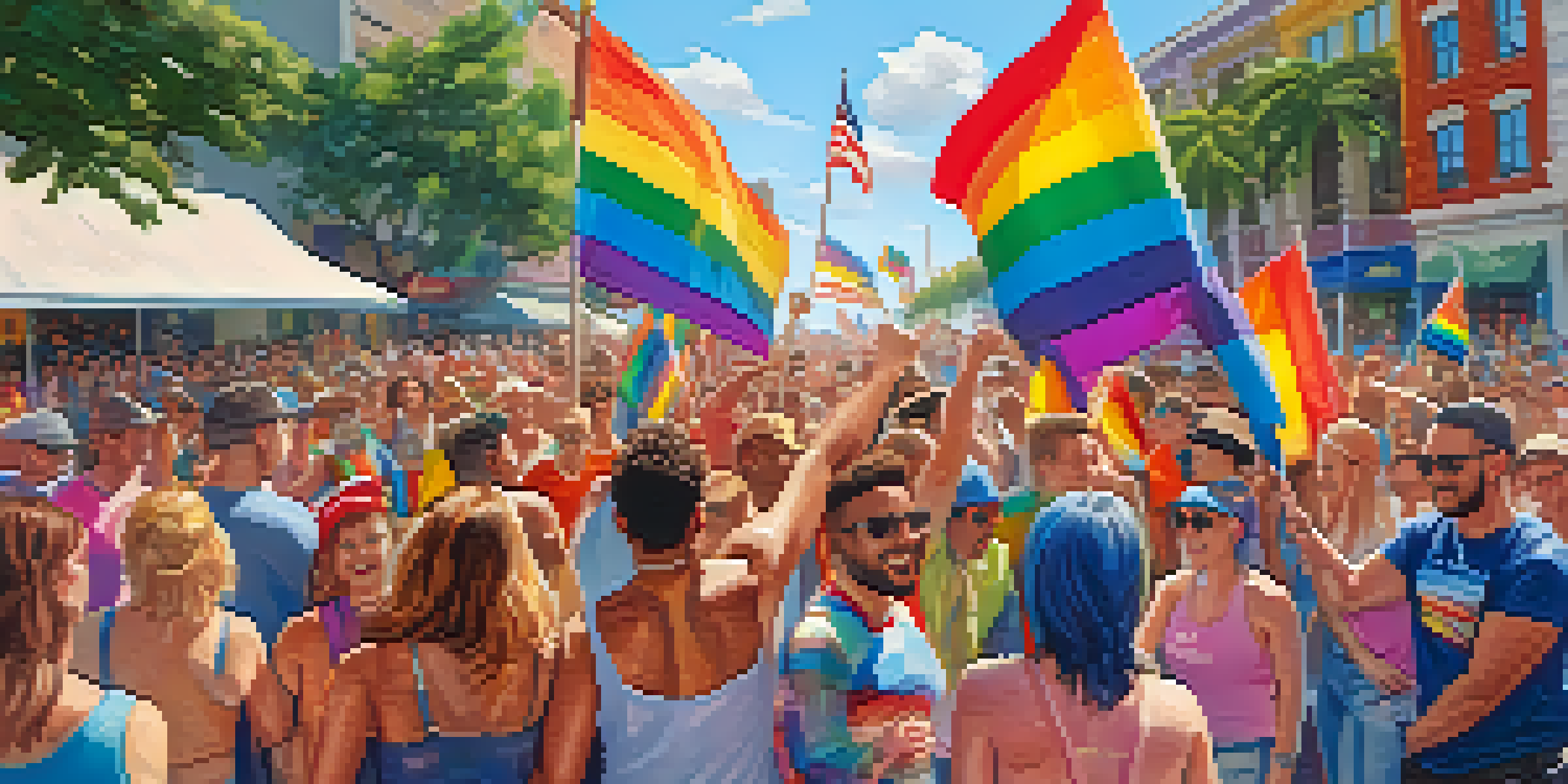 A colorful Pride parade in Florida with diverse participants celebrating LGBTQ+ rights, surrounded by rainbow flags and a sunny atmosphere.