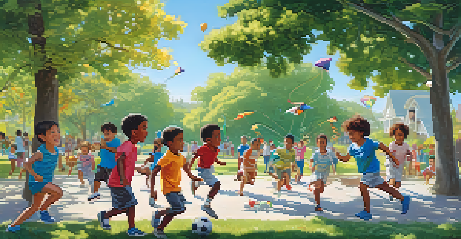 A diverse group of children playing in a park, engaging in various activities like soccer and kite flying.