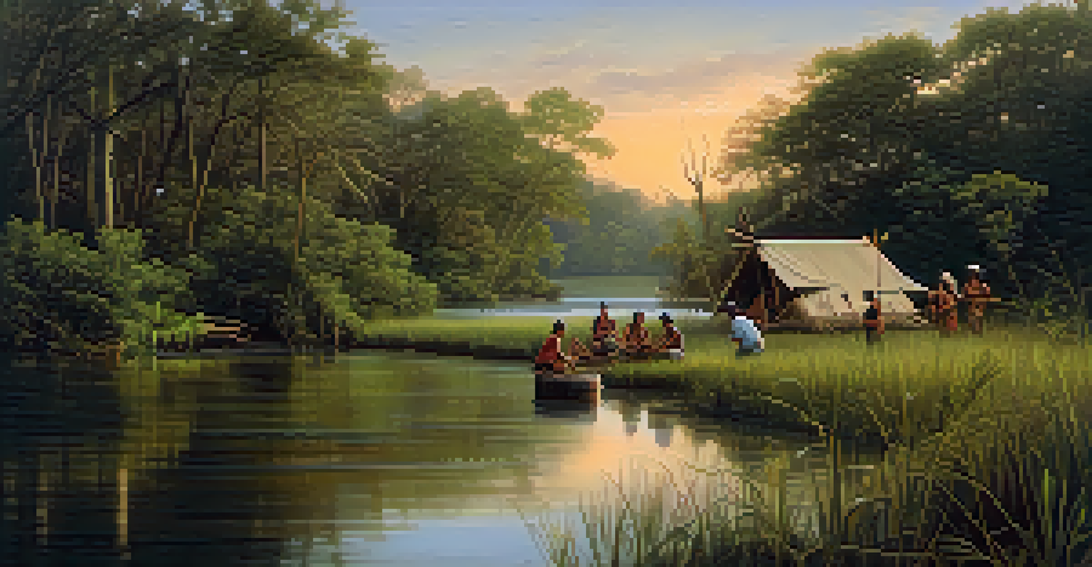 A tranquil scene of a Native American tribe engaged in traditional activities along a river in Florida during sunset.