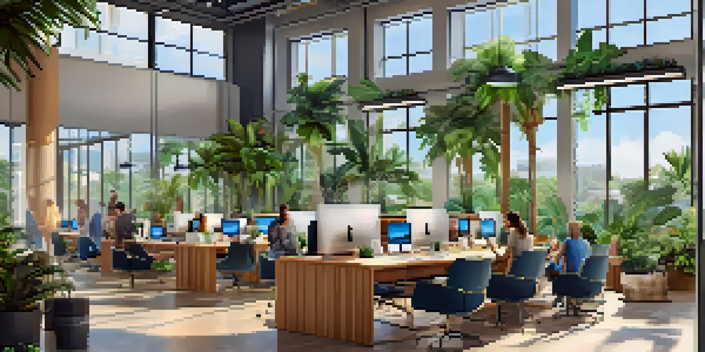 A bright and lively co-working space in Florida with professionals working together, showcasing palm trees outside the windows.