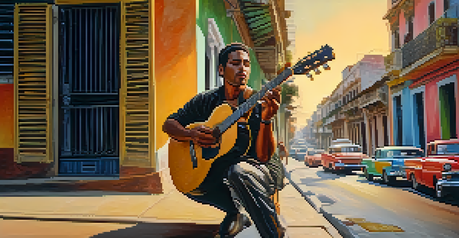 A Cuban musician playing the guitar with colorful street art and a sunset in the background.