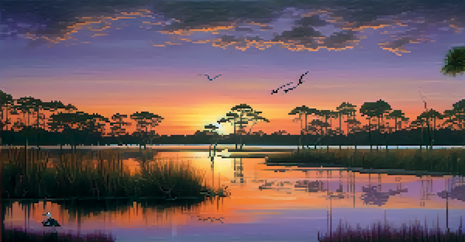 The Florida Everglades at sunset, featuring cypress trees and a heron in a tranquil natural setting.