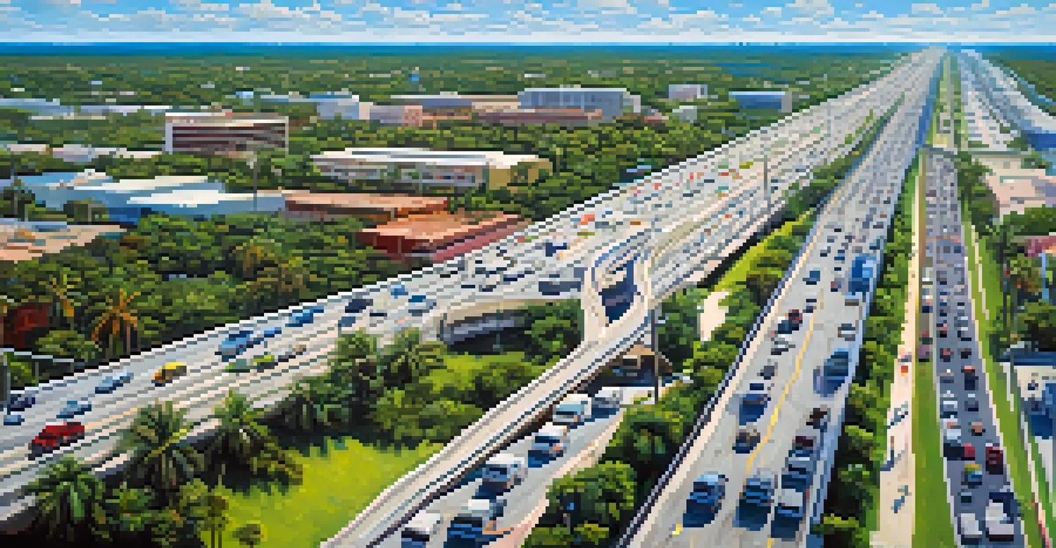 Aerial view of a congested Florida highway surrounded by greenery and a clear blue sky, illustrating urban traffic challenges.