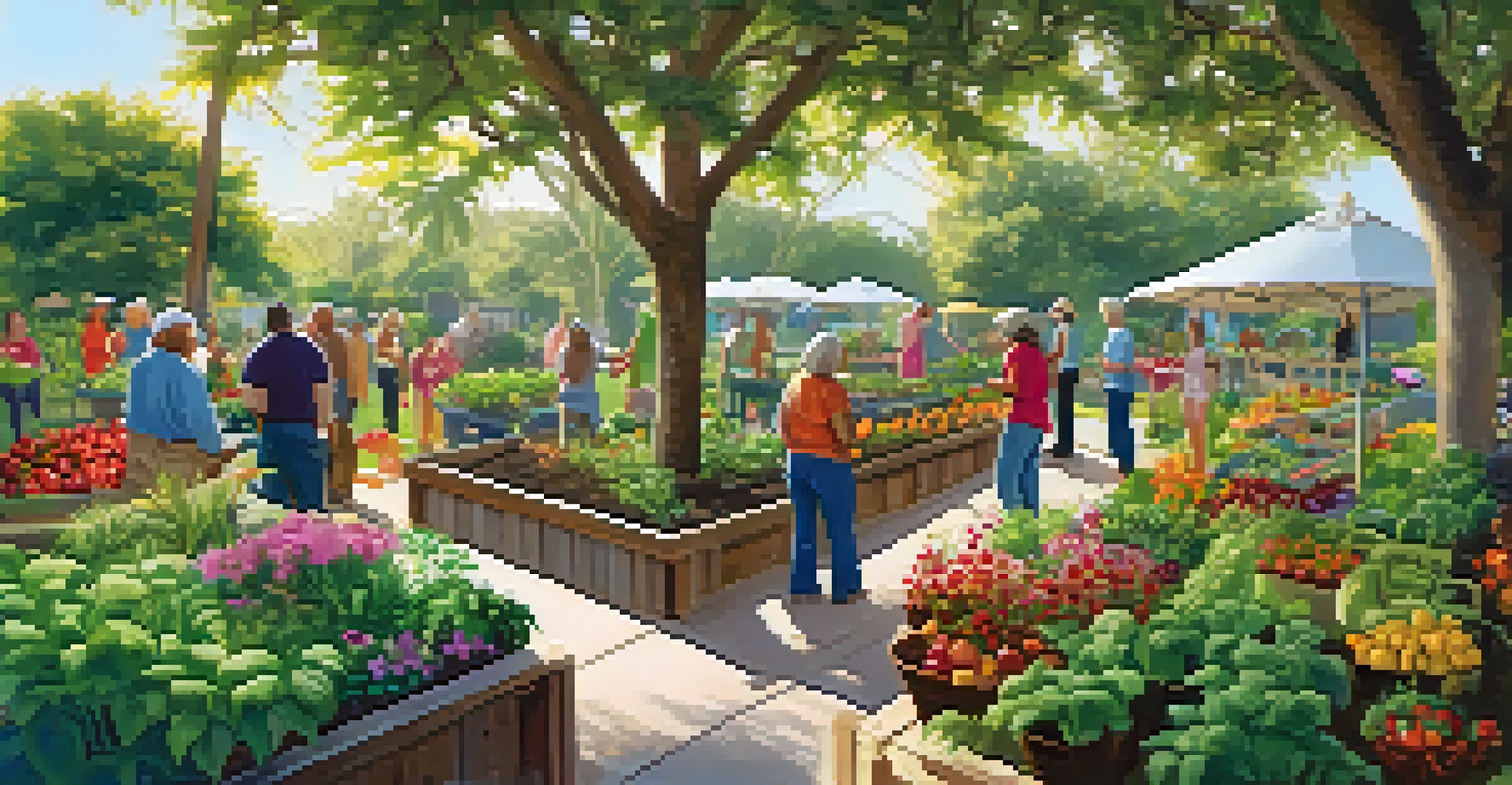 A peaceful community garden in Florida with residents planting fruits and vegetables together in a lush, green environment under sunlight.