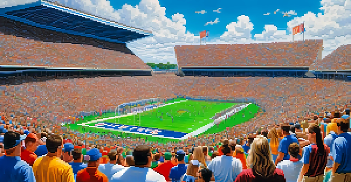 A lively college football game in Florida with fans cheering in a packed stadium, bright blue sky, and players on the green field.