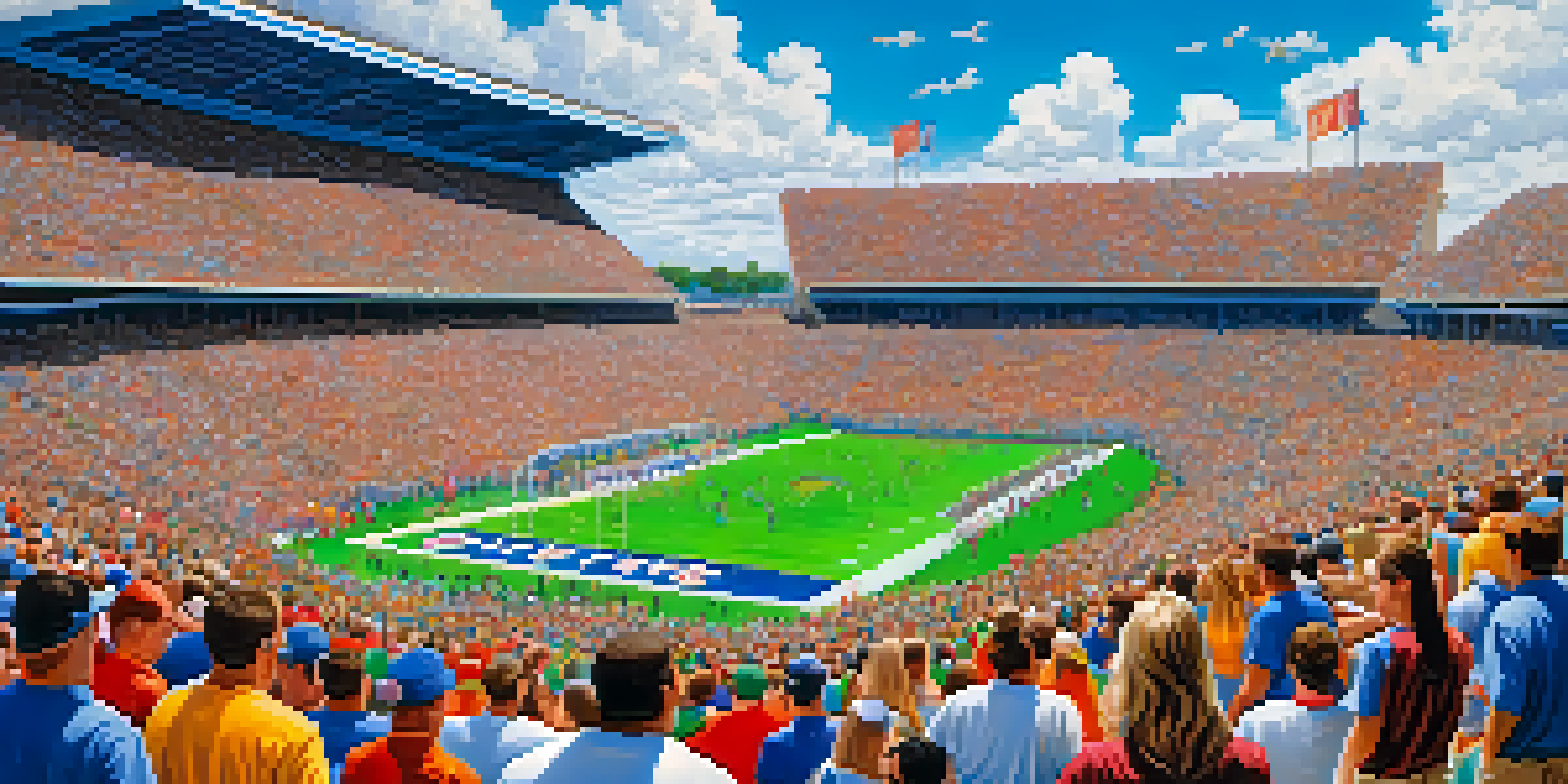 A lively college football game in Florida with fans cheering in a packed stadium, bright blue sky, and players on the green field.