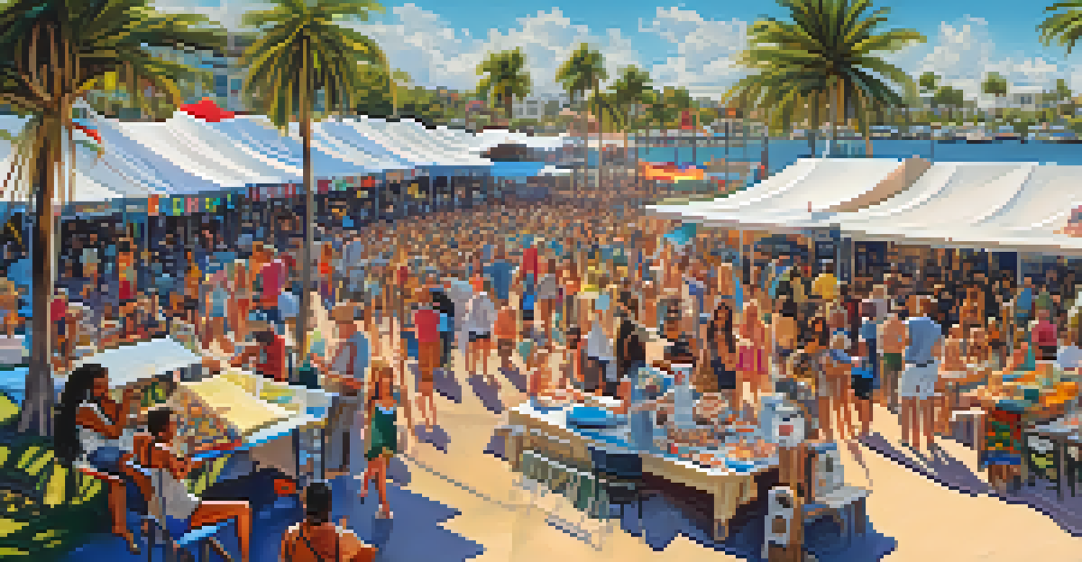 Aerial view of SunFest in West Palm Beach, showing musicians, attendees, and art installations by the water.