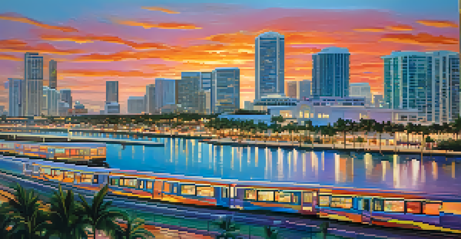 A sunset view of Miami, showcasing the Metrorail and city skyline with palm trees and active streets.