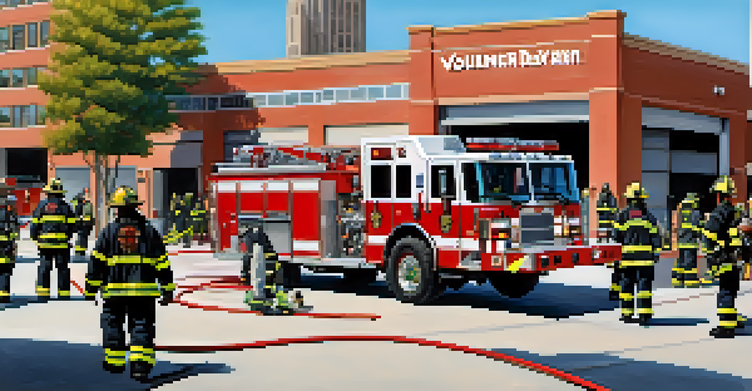 Modern volunteer firefighters in training, wearing contemporary firefighting gear and using advanced equipment, set against a bright urban backdrop with a fire truck.
