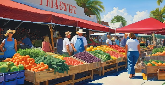 A bustling farmer's market in Florida filled with fresh fruits and vegetables, local flowers, and shoppers under a clear blue sky.