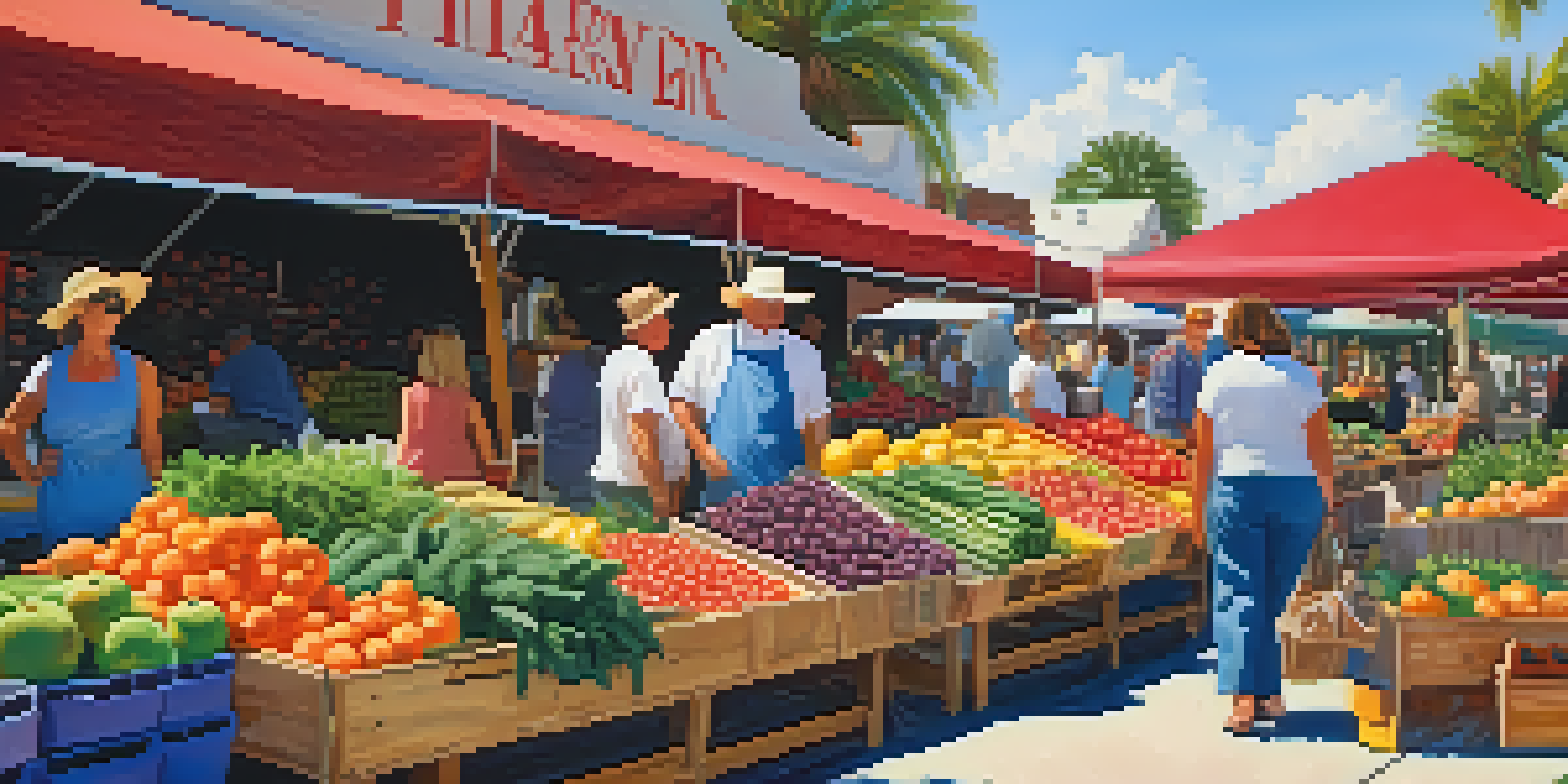 A bustling farmer's market in Florida filled with fresh fruits and vegetables, local flowers, and shoppers under a clear blue sky.