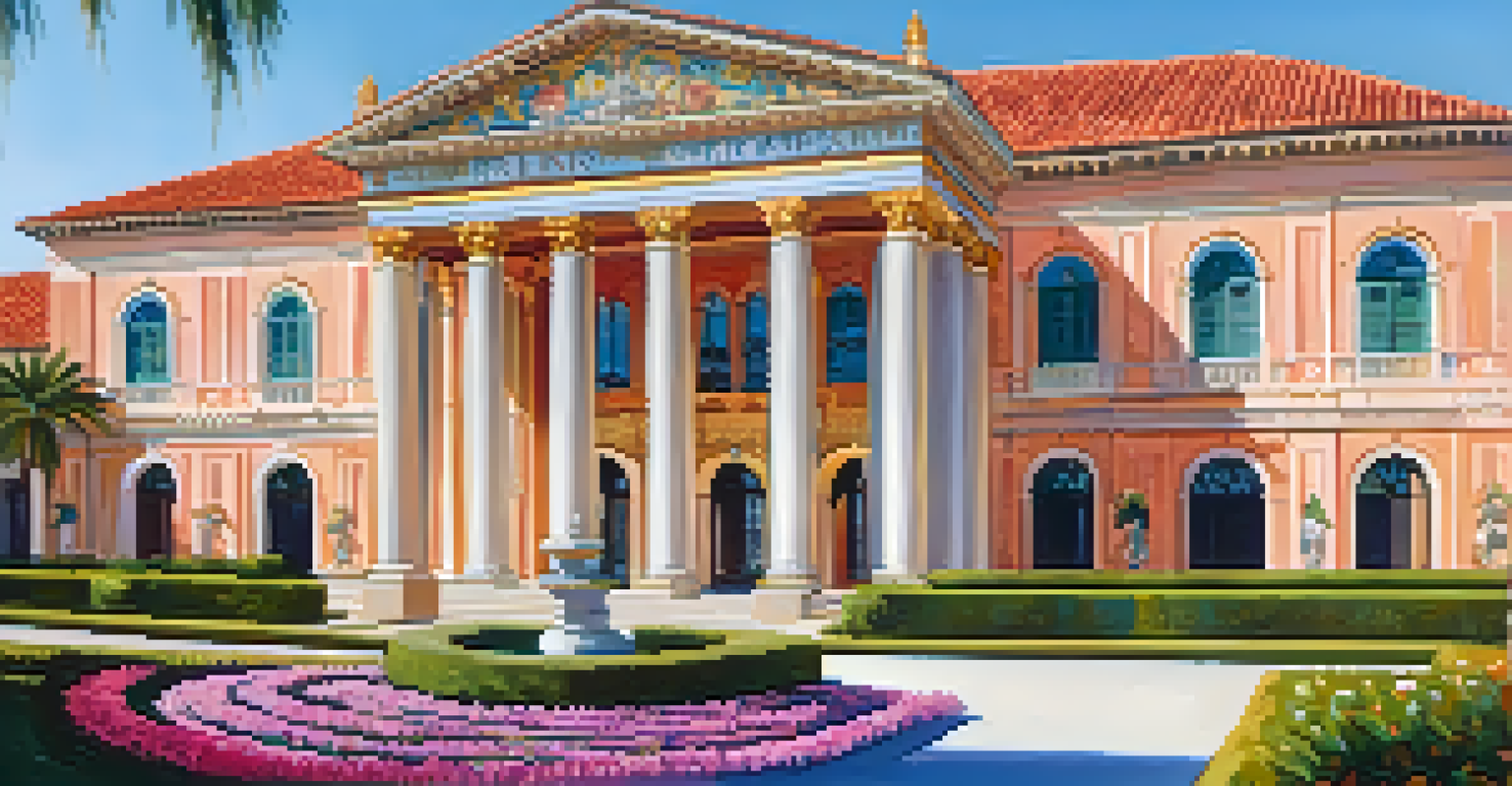 The Ringling Museum of Art with its Mediterranean Revival architecture and beautiful gardens, showcasing intricate details and vibrant flowers.