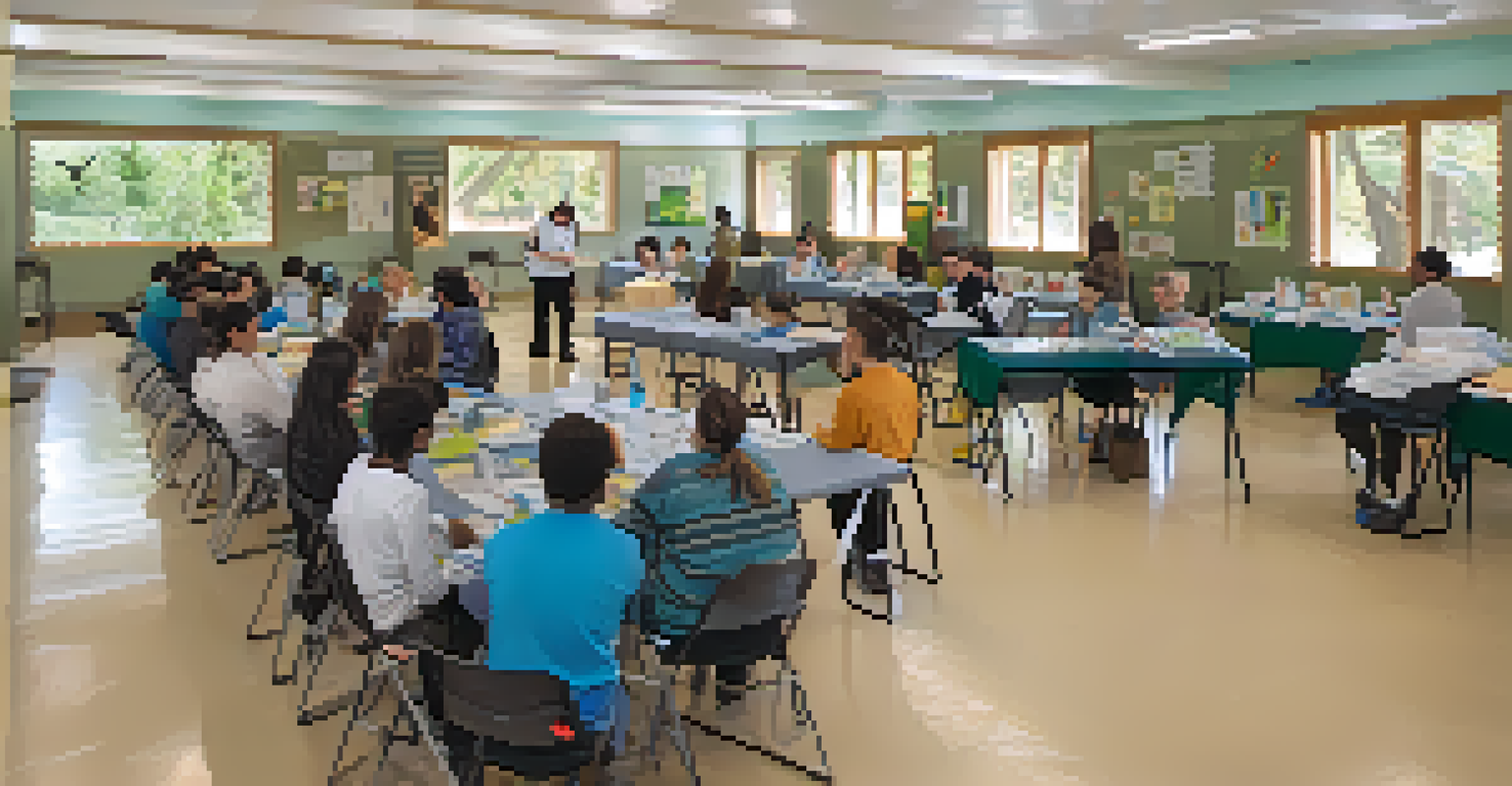 An educational workshop at a wildlife rehabilitation center with community members learning about wildlife care, featuring a staff member demonstrating first aid techniques.
