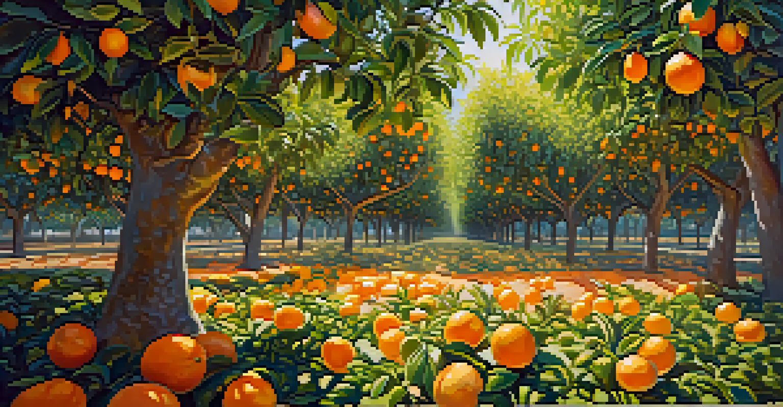A close-up view of a citrus grove in Florida, featuring ripe oranges and lush green leaves illuminated by sunlight.