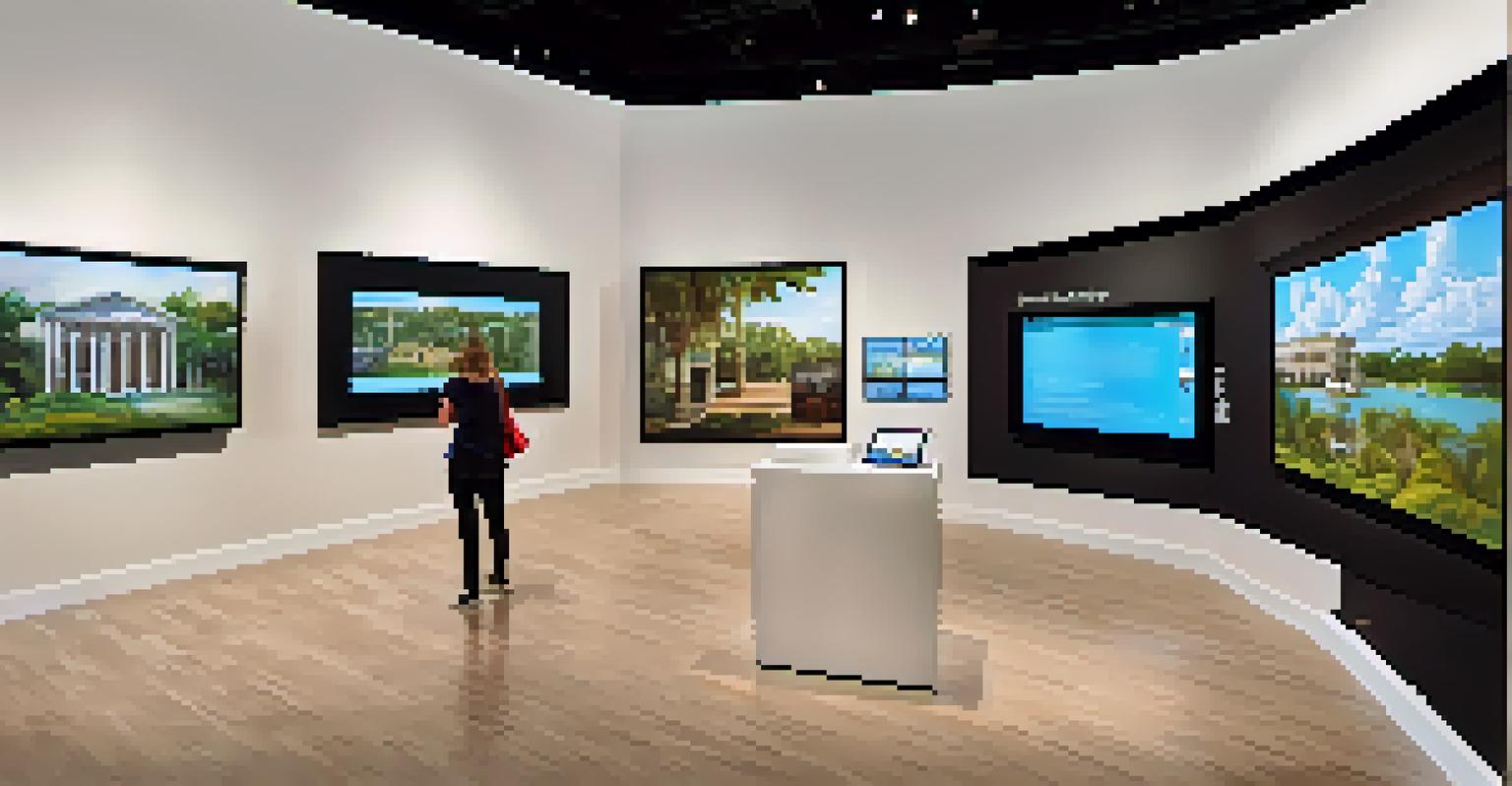 Visitors interacting with digital exhibits about Florida's historical sites in a modern museum, featuring interactive screens and educational displays.
