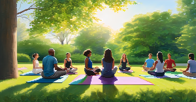 A diverse group of individuals practicing yoga and mindfulness in a sunny park, surrounded by nature.