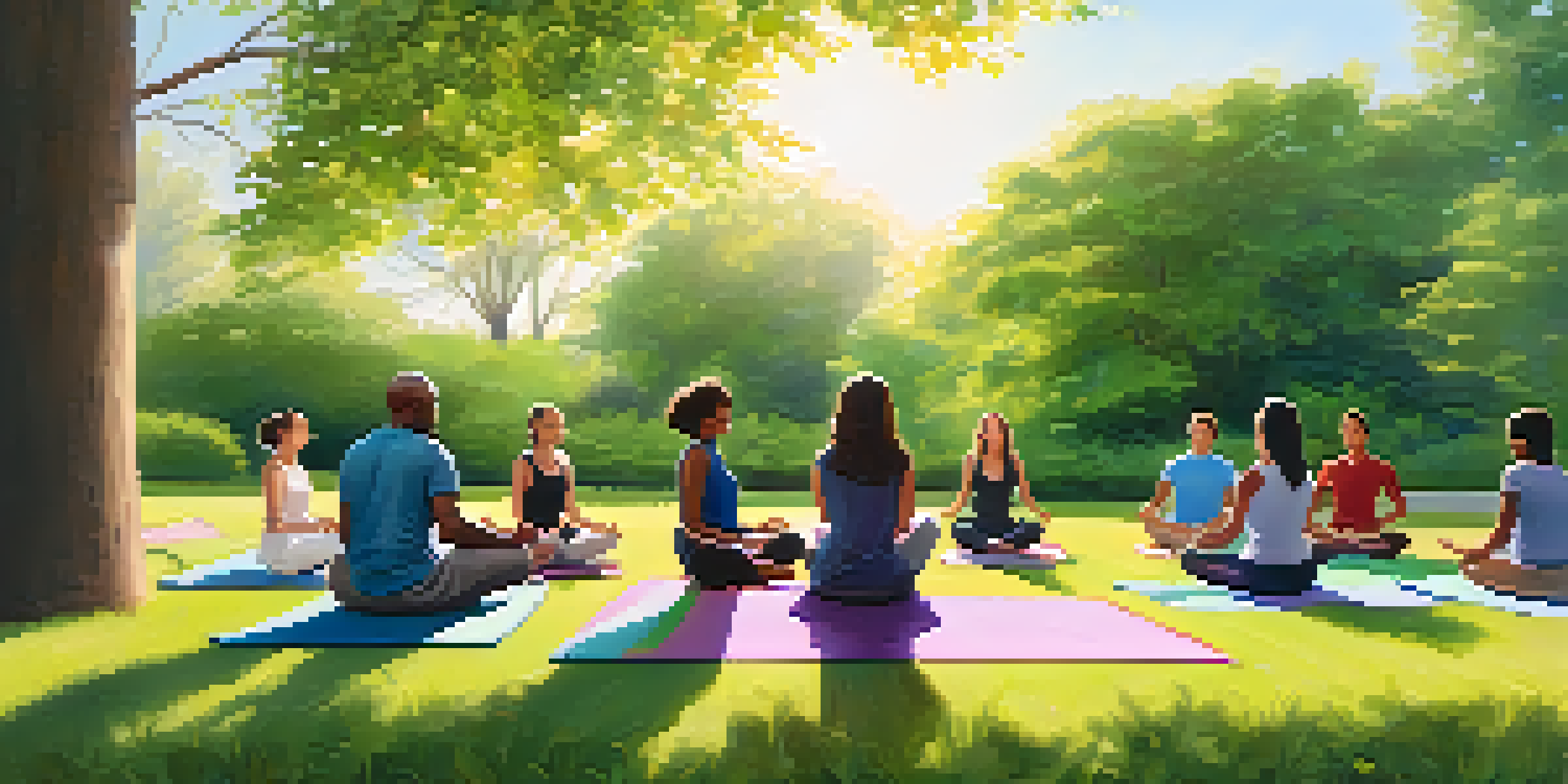 A diverse group of individuals practicing yoga and mindfulness in a sunny park, surrounded by nature.