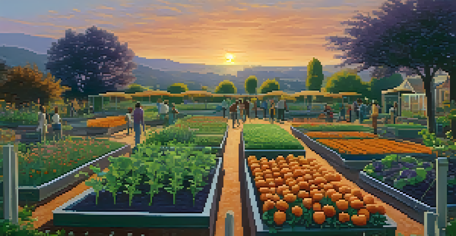 Silhouettes of people in a community garden at sunset, with vibrant colors in the sky and rows of vegetables and flowers.